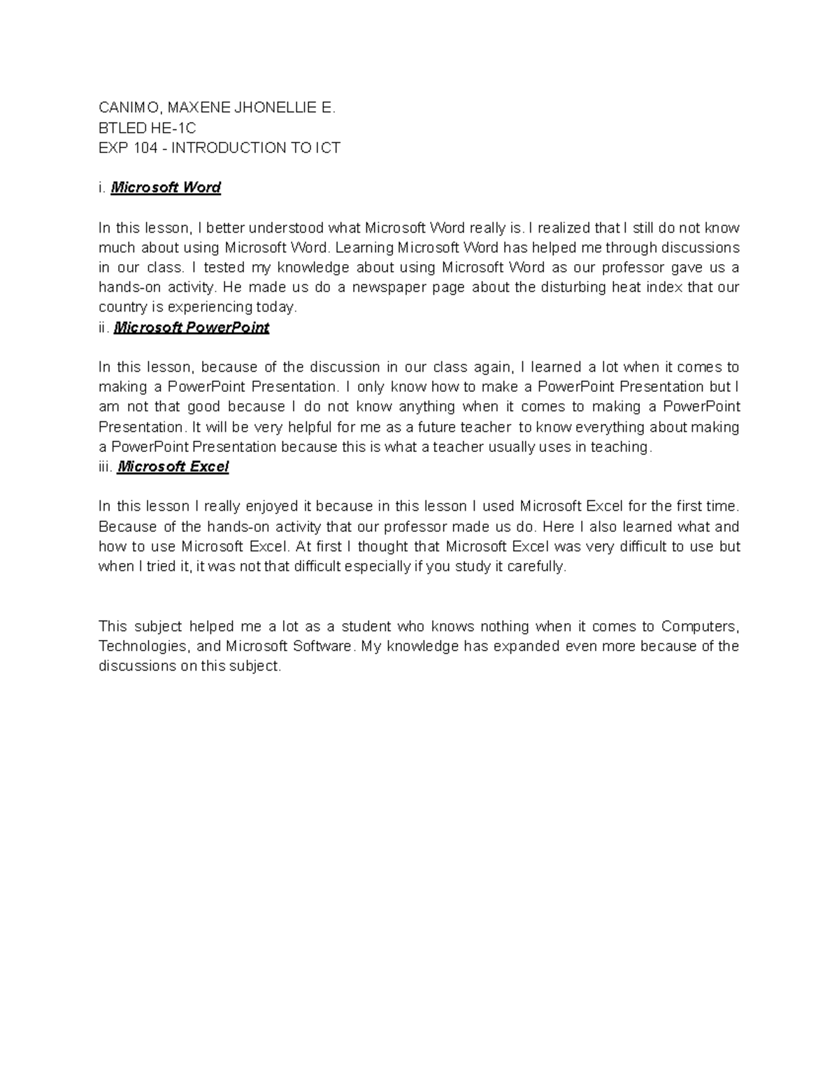 ICT Reflection - fyhhc - CANIMO, MAXENE JHONELLIE E. BTLED HE-1C EXP ...