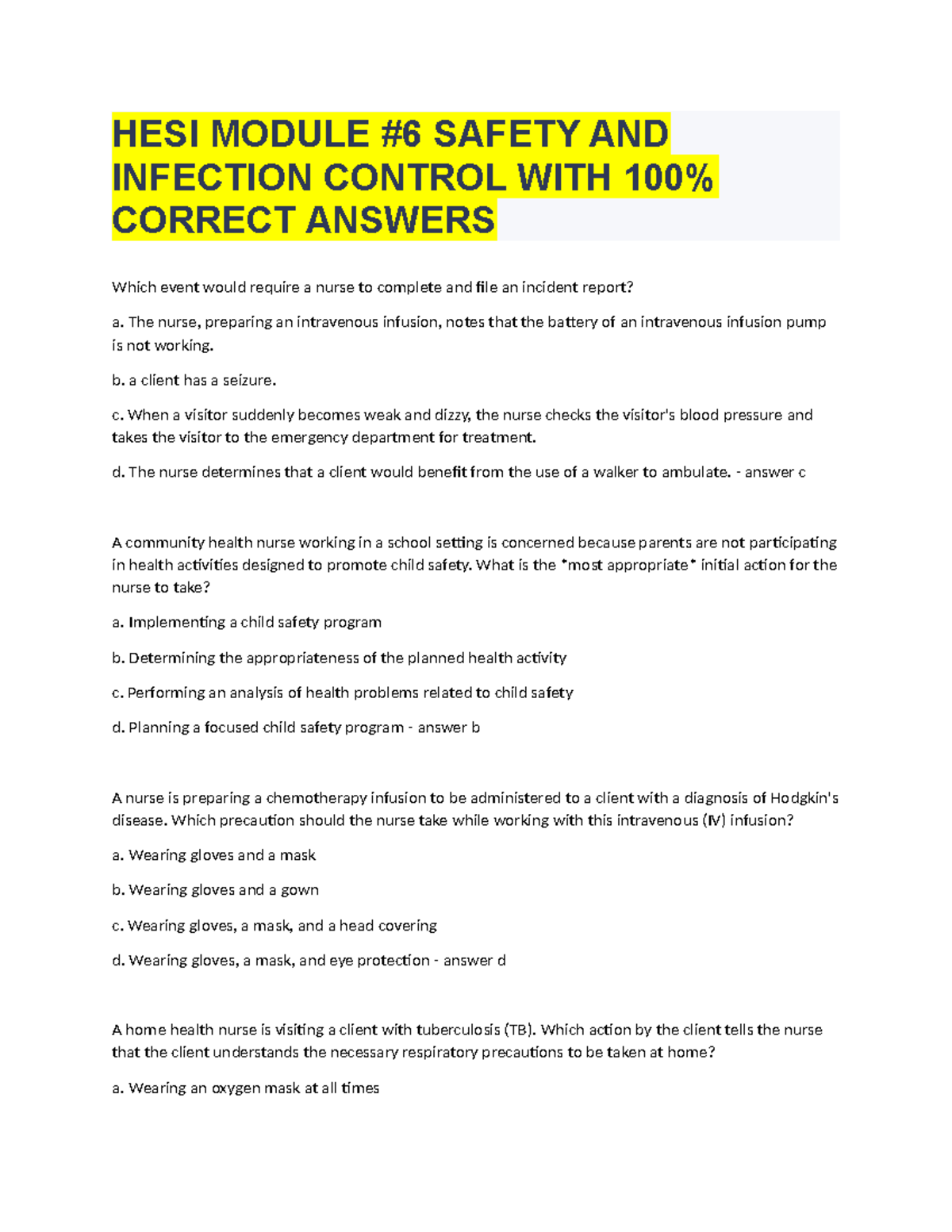 HESI MODULE #6: Safety & Infection Control Study Guide with Key Answers ...