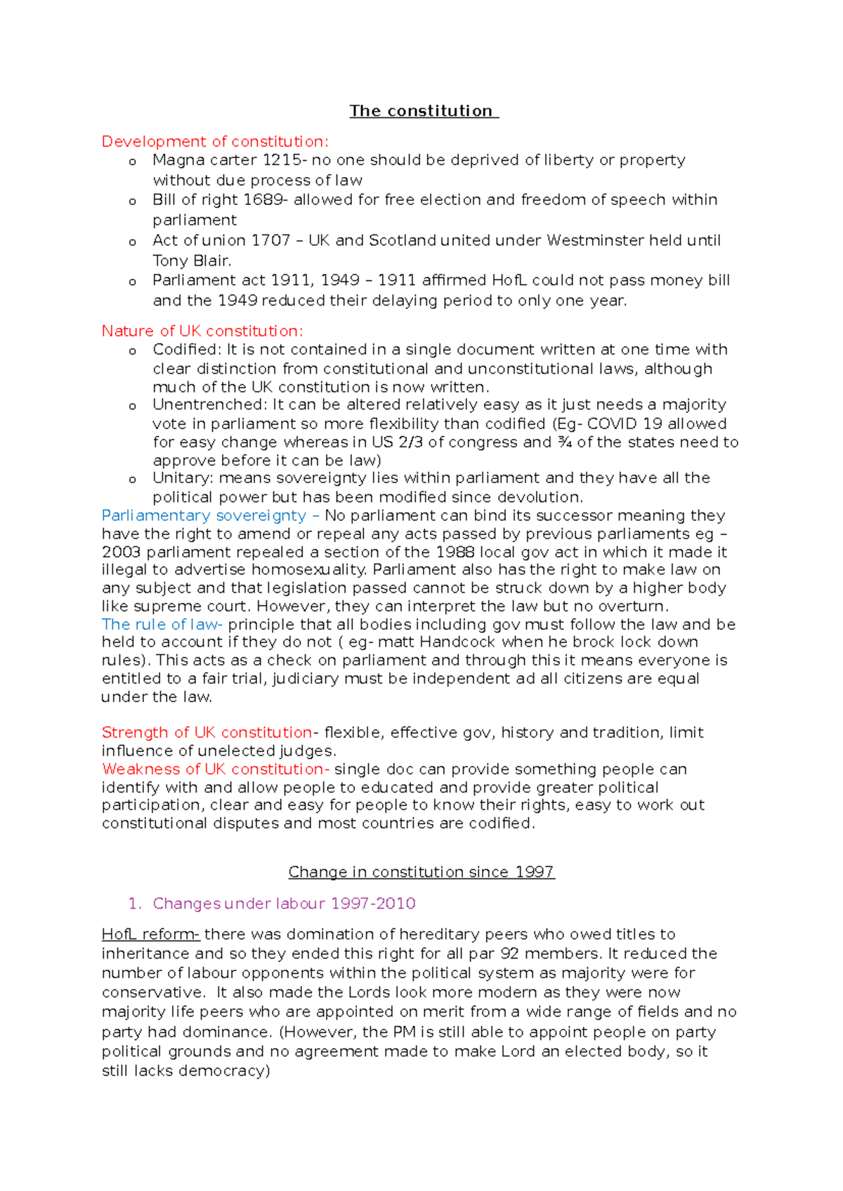 UK gov revision notes - Brief summary - The constitution Development of ...