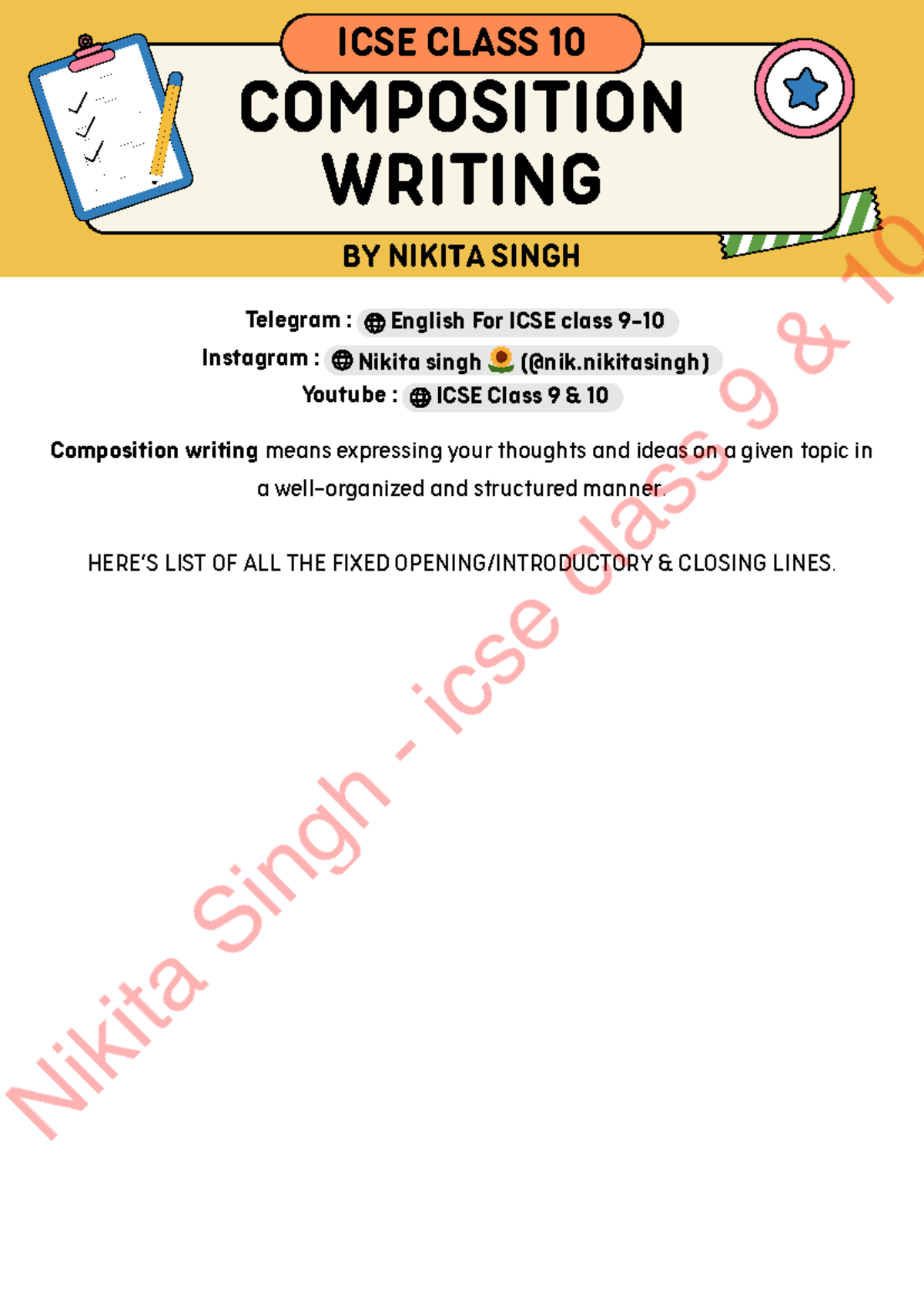 ICSE CLASS 10 COMPOSITION WRITING: ESSENTIAL VOCABULARY & TIPS - Studocu