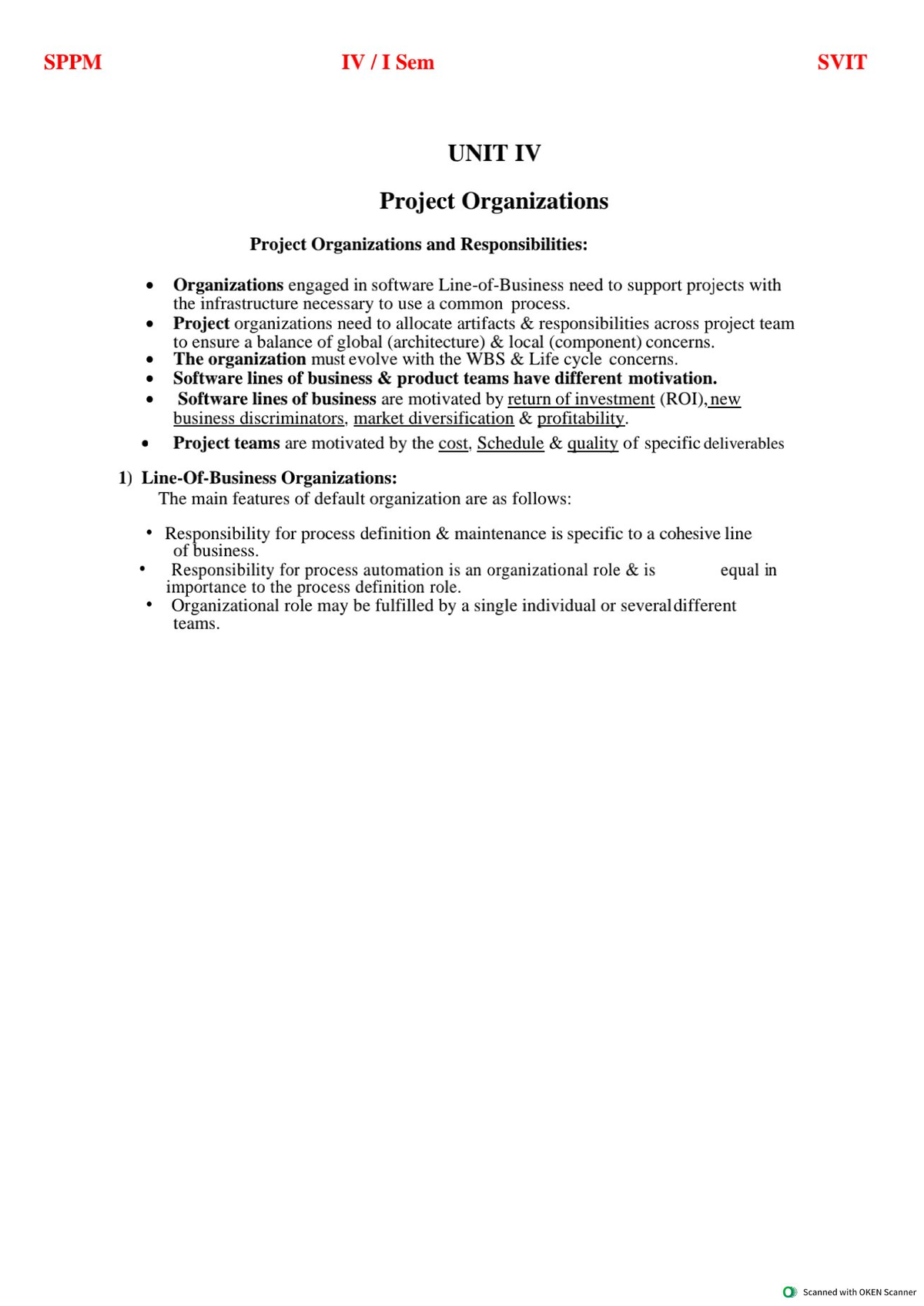 SPPM IV I Sem SVIT Unit IV: Project Organizations and Responsibilities ...
