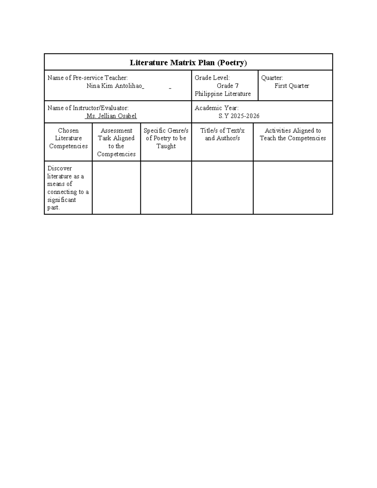 Literature Matrix Plan (Poetry) kim - Name of Pre-service Teacher: Nina ...