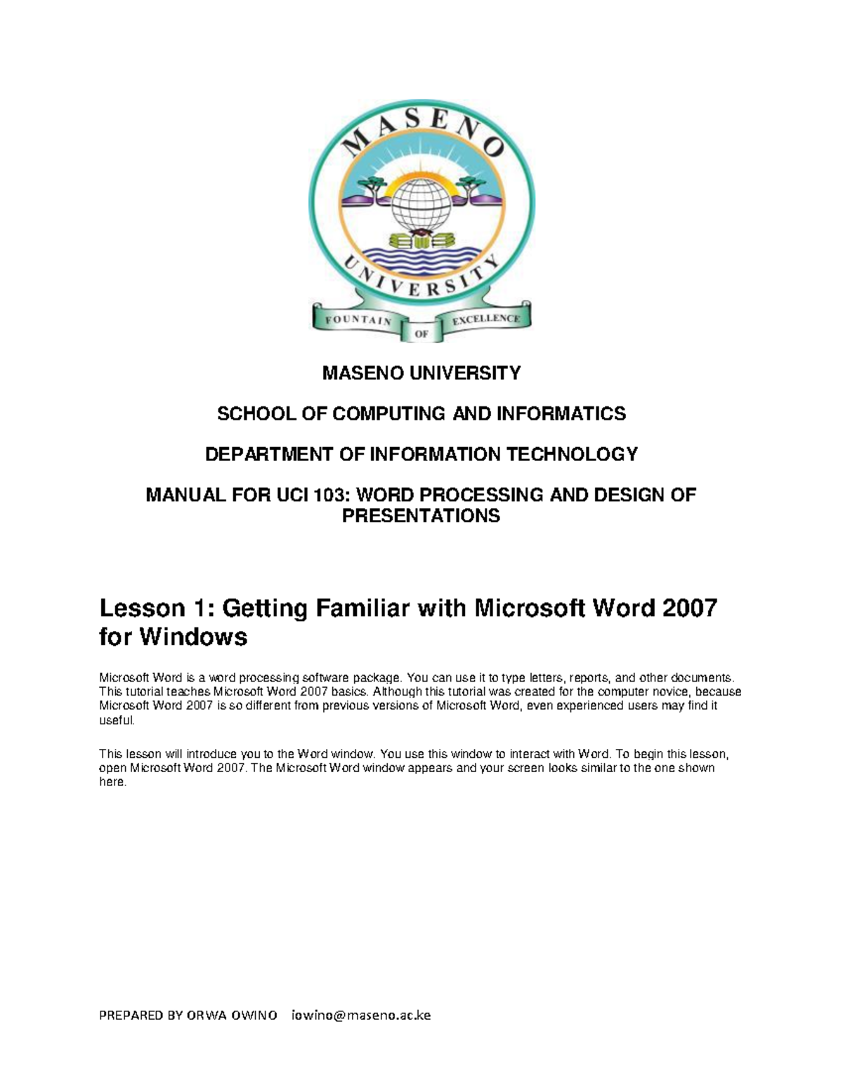 UCI 103: Microsoft Word 2007 Basics - LECTURE NOTES Guide - Studocu