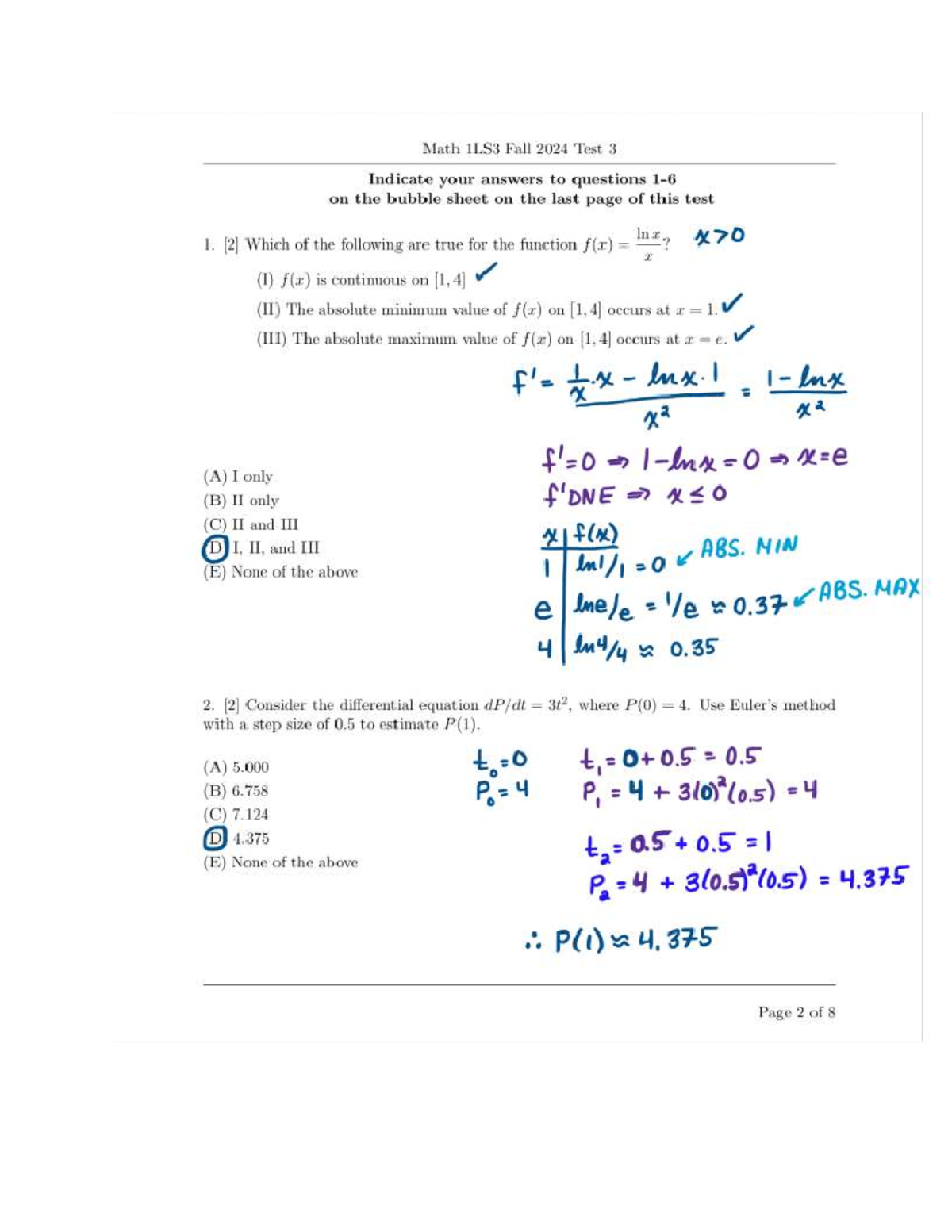Math 1LS3 Fall 2024 Test 3 Solutions and Answers - Studocu