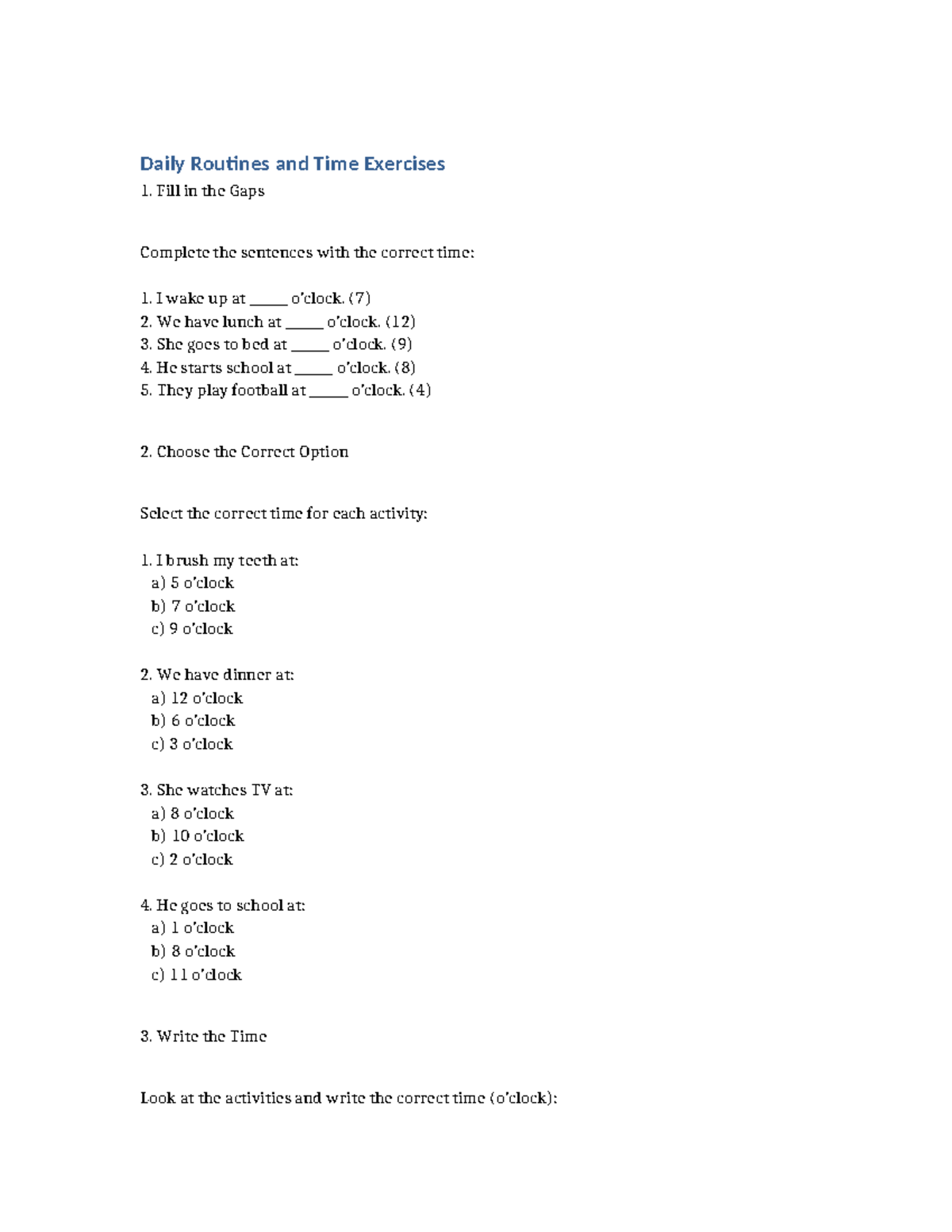 Daily Routines & Time Exercises: Fill-in & Choice Questions - Studocu