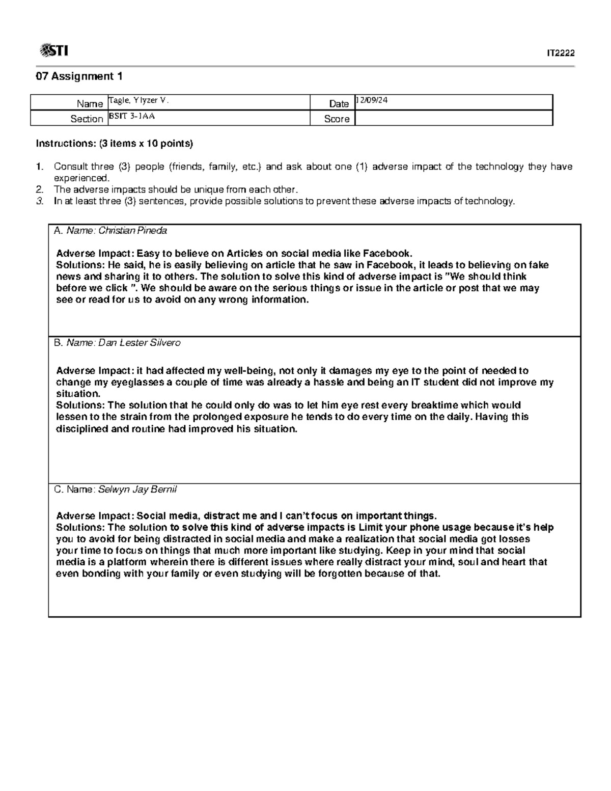 07 Assignment 1: Adverse Impacts of Technology and Solutions - Studocu