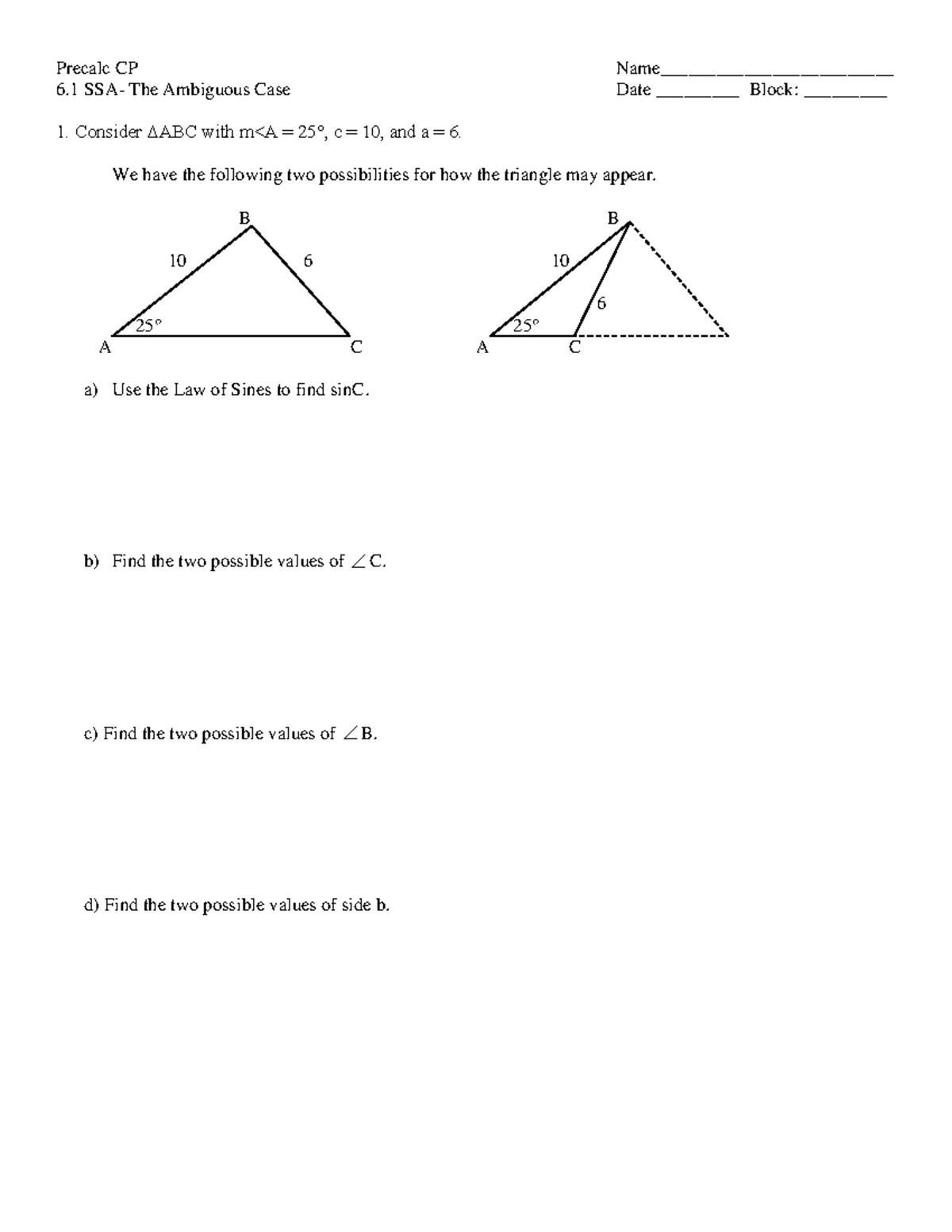 Precalc CP: Ambiguous Case Notes & HW on SSA Triangle Problem - Studocu