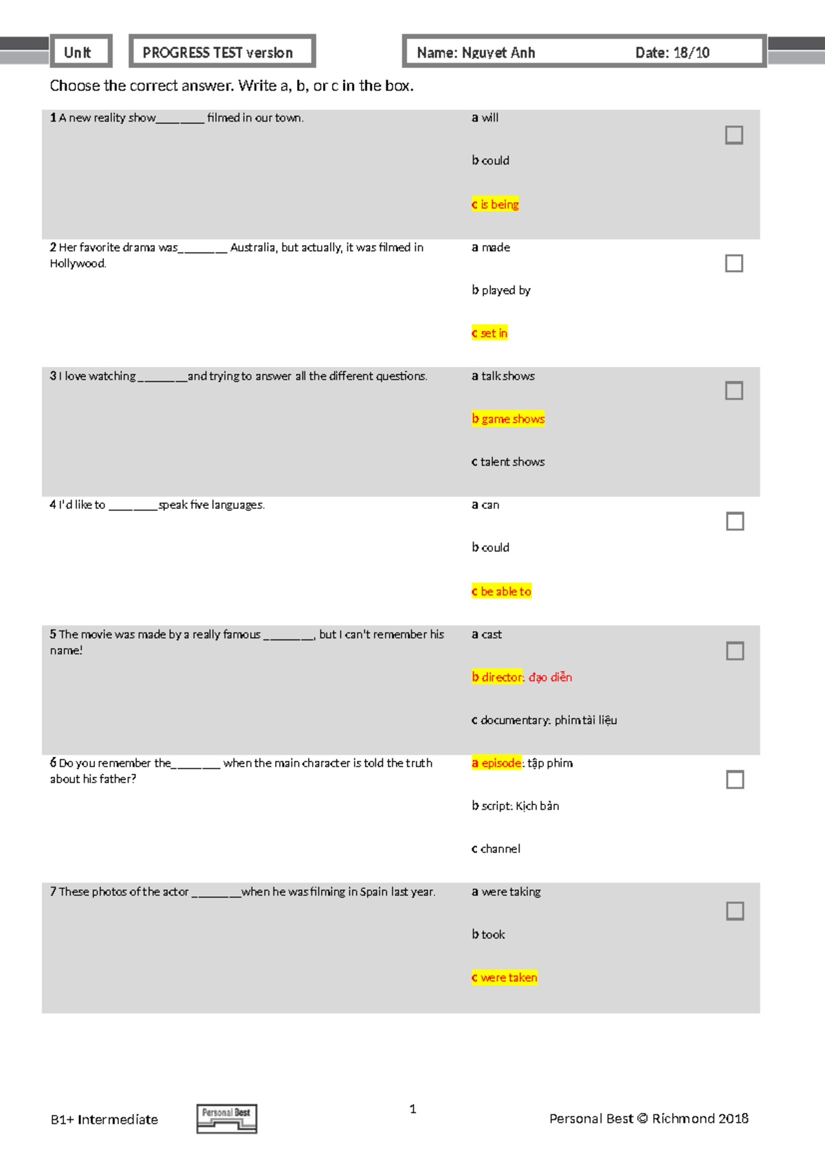 PB Am E B1+ Unit Test U7 Progress Test - Nguyet Anh - Studocu