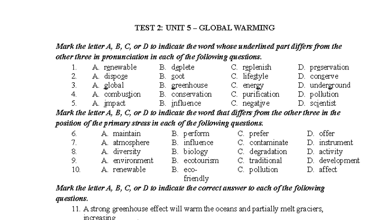 TEST 2: UNIT 5 – Global Warming Exam Questions and Answers - Studocu