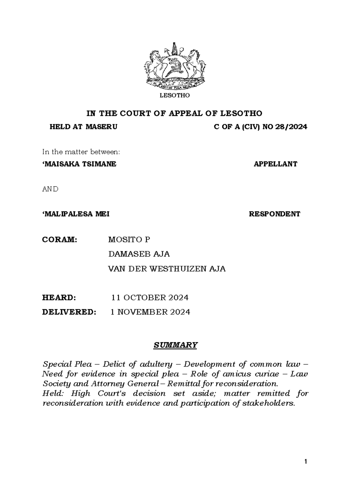 Maisaka Tsimane v Malipalesa Mei: C of A (CIV) No 282024 Judgment ...