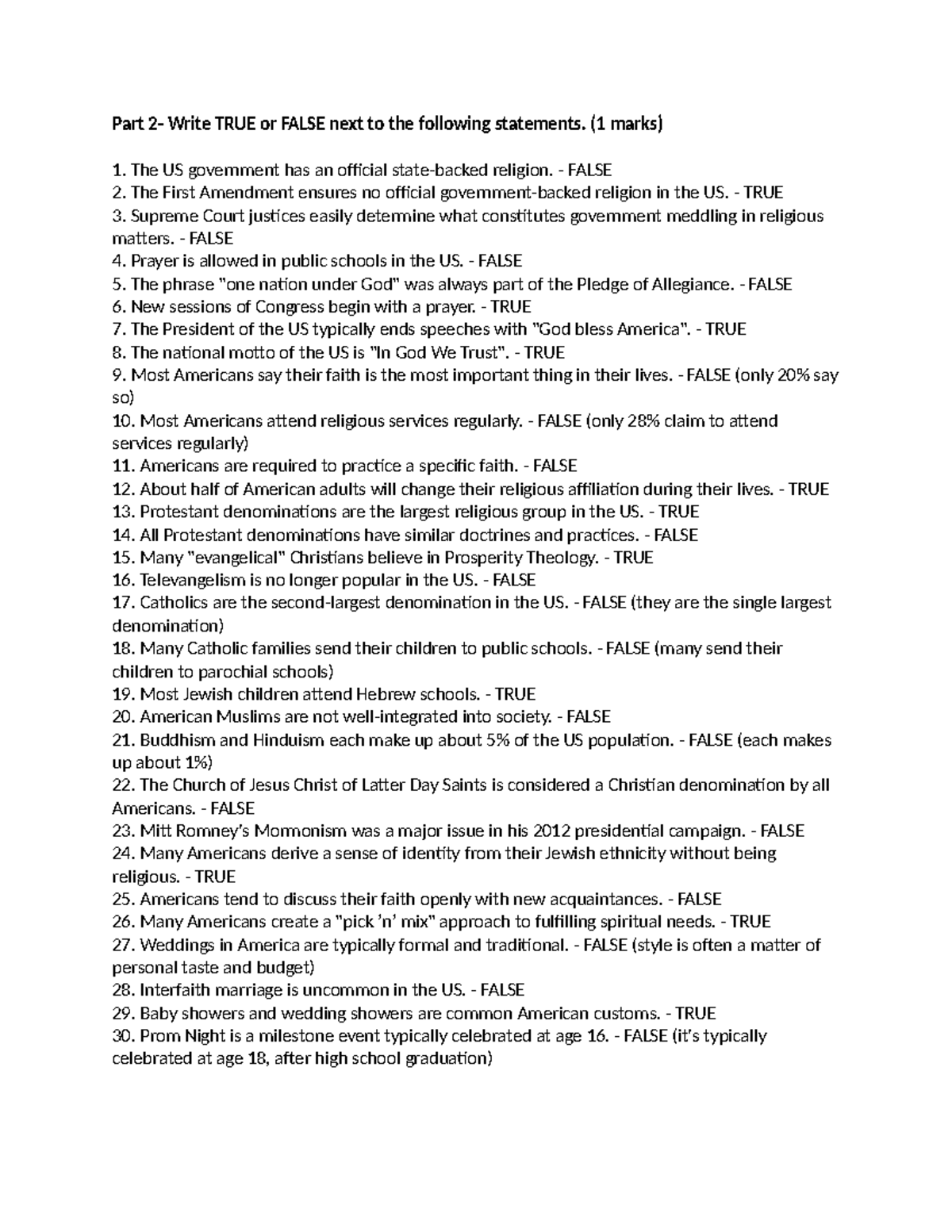 US Part 2 & 3: True/False Statements & Holiday Traditions - Studocu