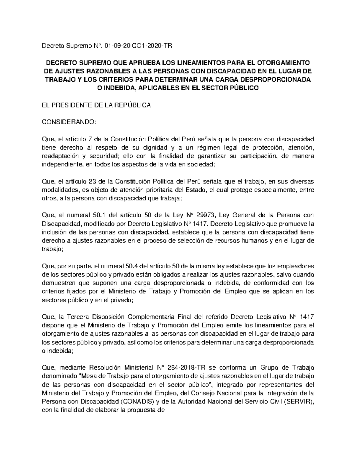 Decreto Supremo N°001-2020-TR: Lineamientos para Ajustes Razonables en ...