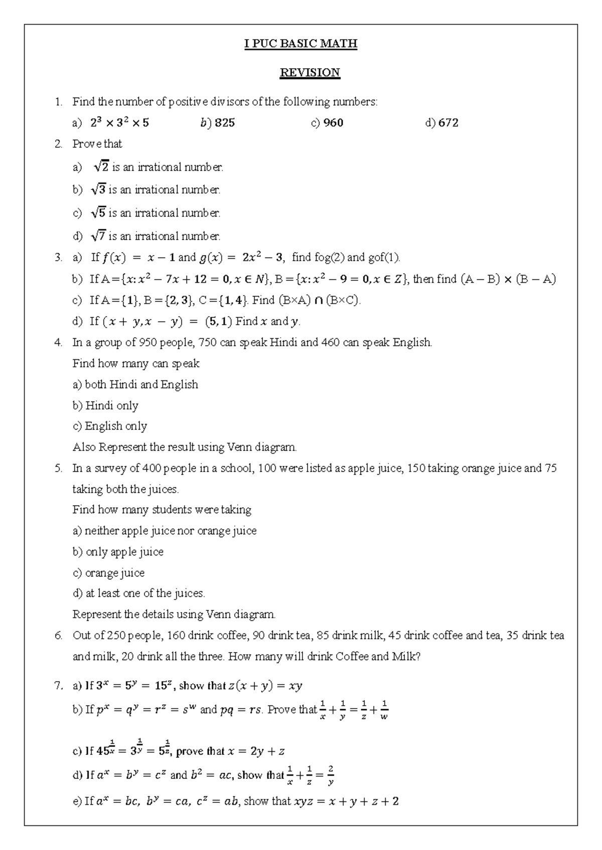 I PUC Basic Math Revision: Key Concepts and Problem Solutions - Studocu