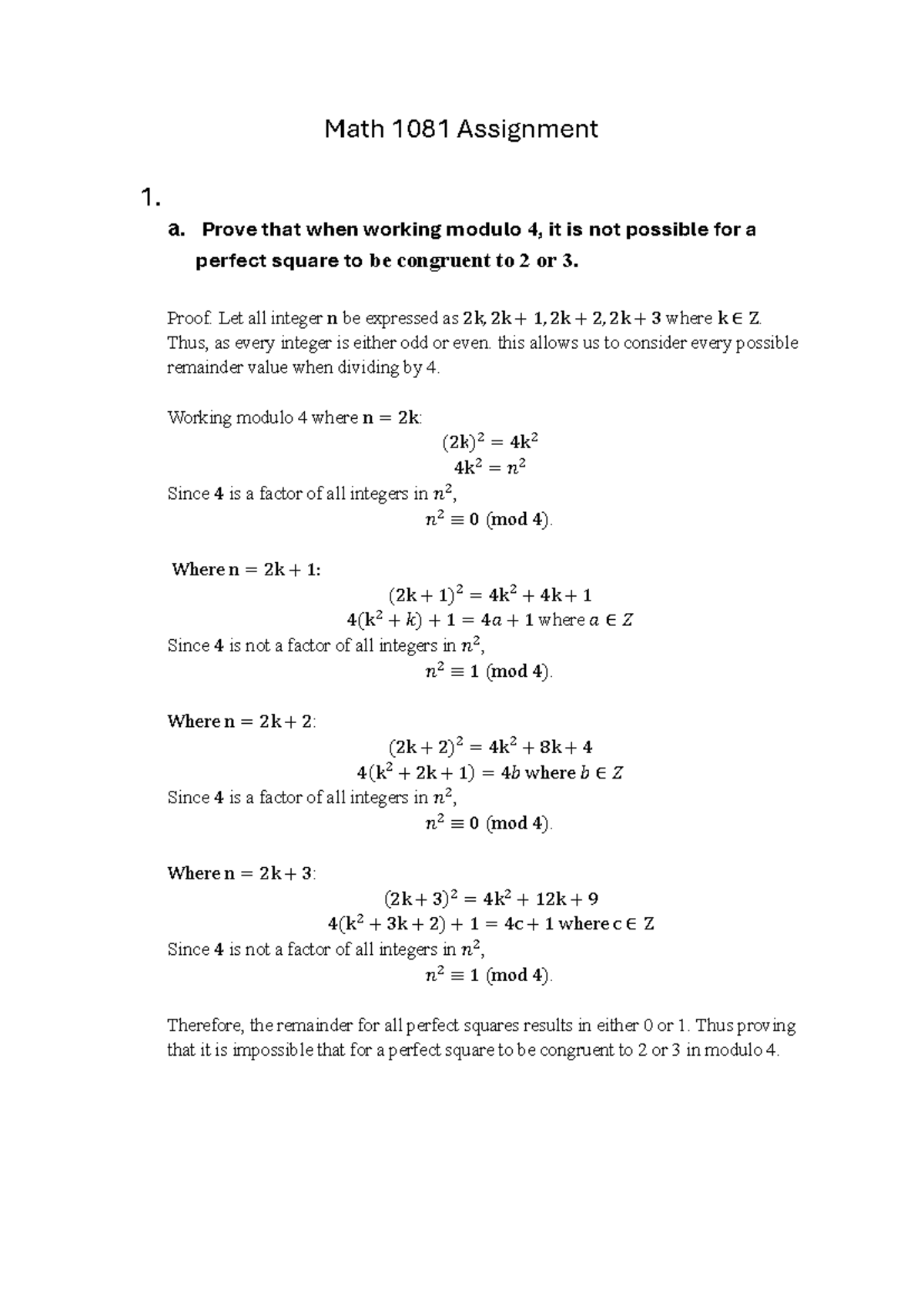 Math 1081 Assignment 1: Proofs on Modulo 4 and Relations - Studocu