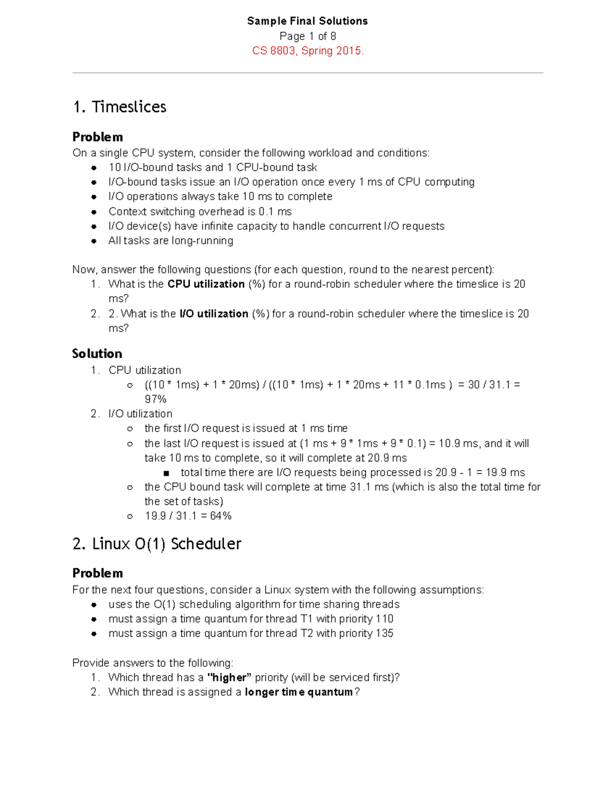 Sample Final Solutions for CS 8803 - Spring 2015 Exam - Studocu