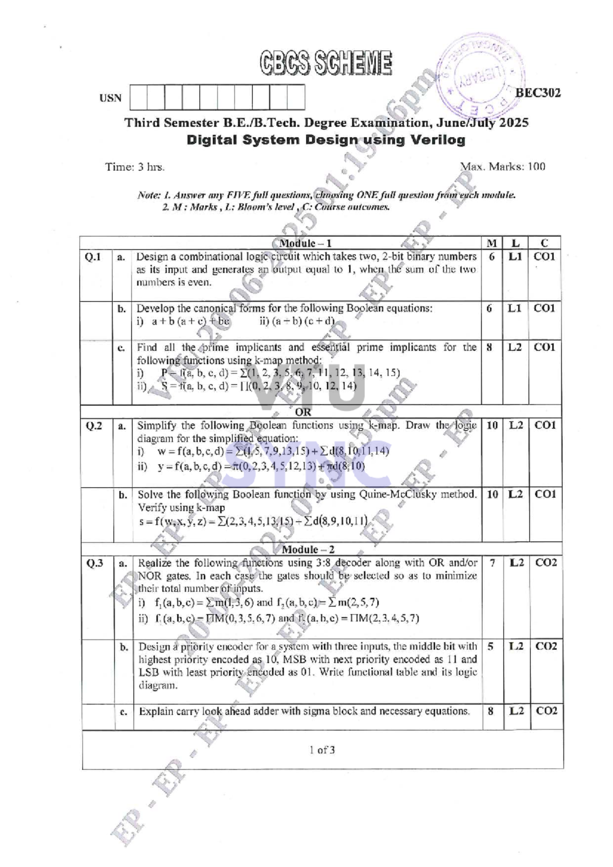 Dsdv Previous Year Question Paper BEC302 - Digital System Design Exam ...