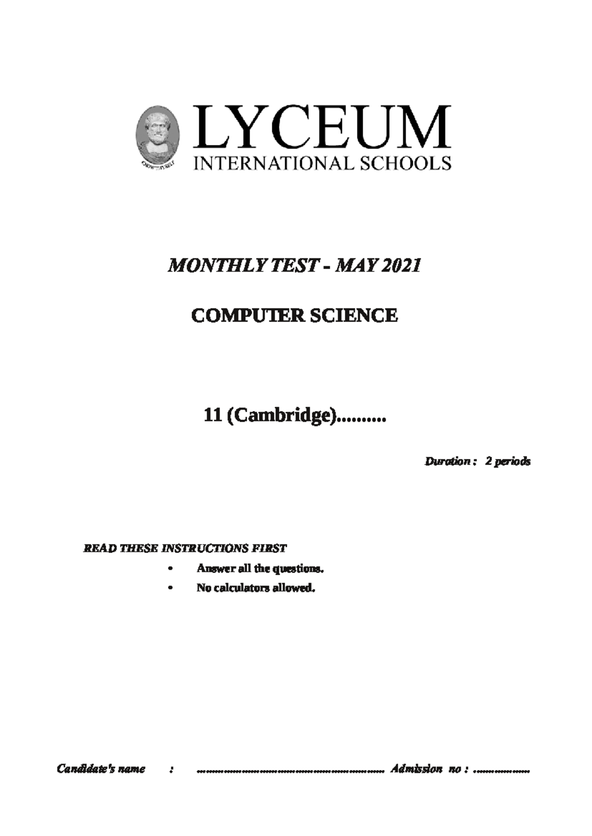 Computer Science - exam paper - MONTHLY TEST - MAY 2021 COMPUTER ...