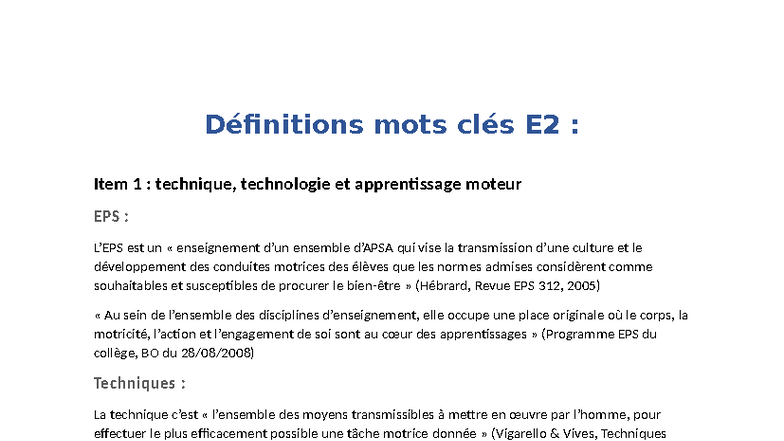 Définitions des Mots Clés en EPS E2 : Techniques, Ressources et ...