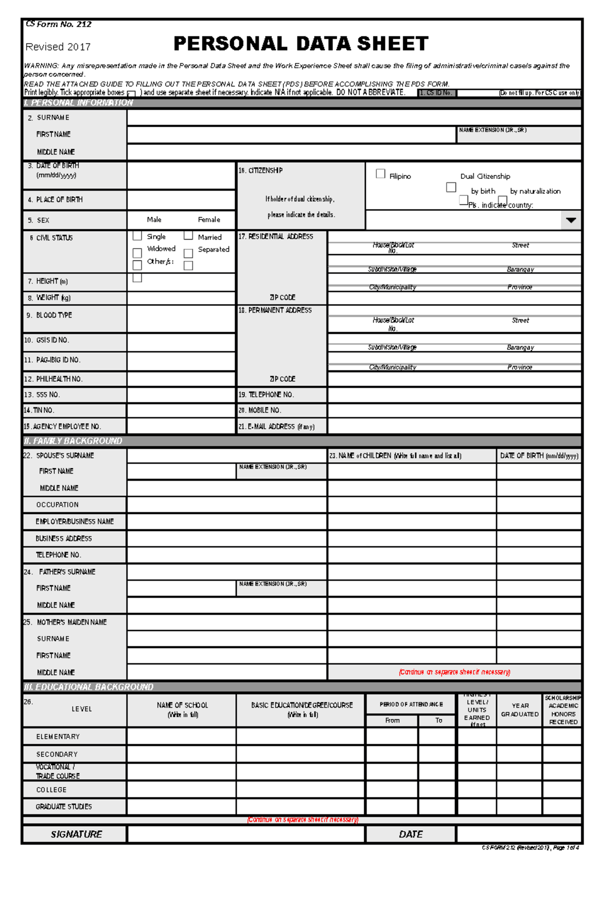 Personal Data Sheet: CS Form No. 212 (Revised 2017) Guide - Studocu