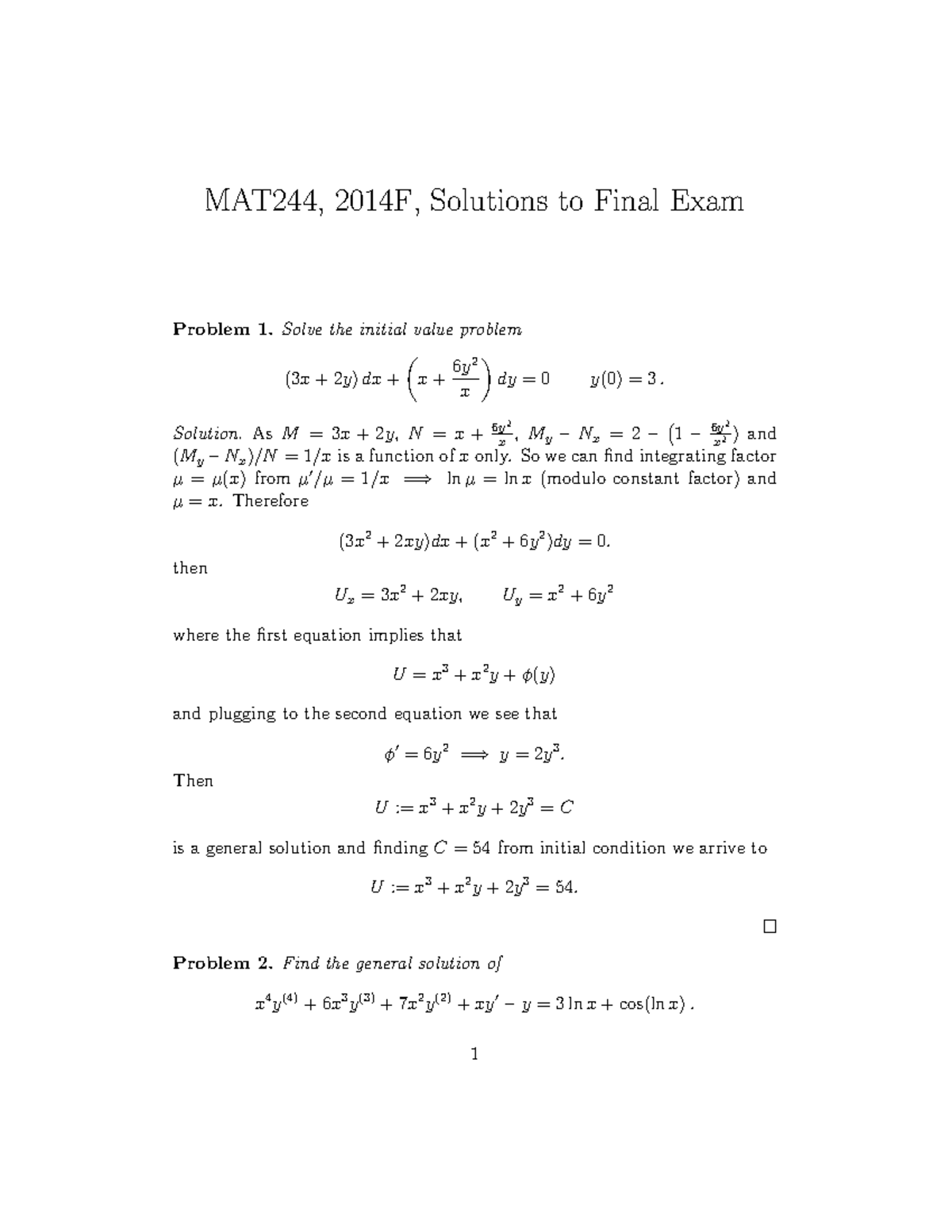 MAT244, 2014F, Solutions to Final Exam Problems - Studocu