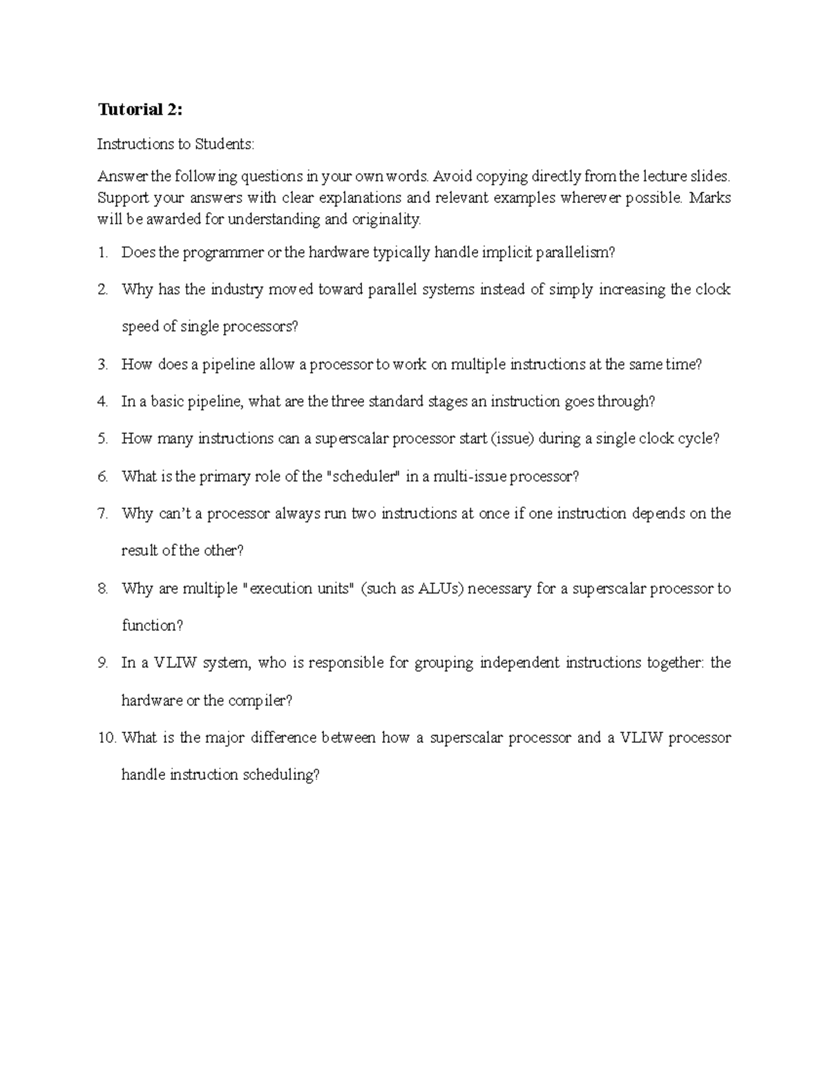 CSC580 - Tutorial 2: Parallelism and Processor Architecture Questions ...
