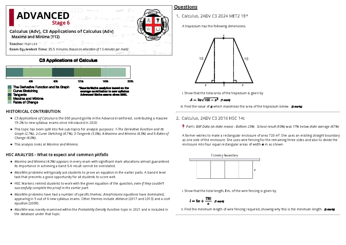 Maxima and Minima Analysis for Calculus 2ADV C3 Exam Prep - Studocu