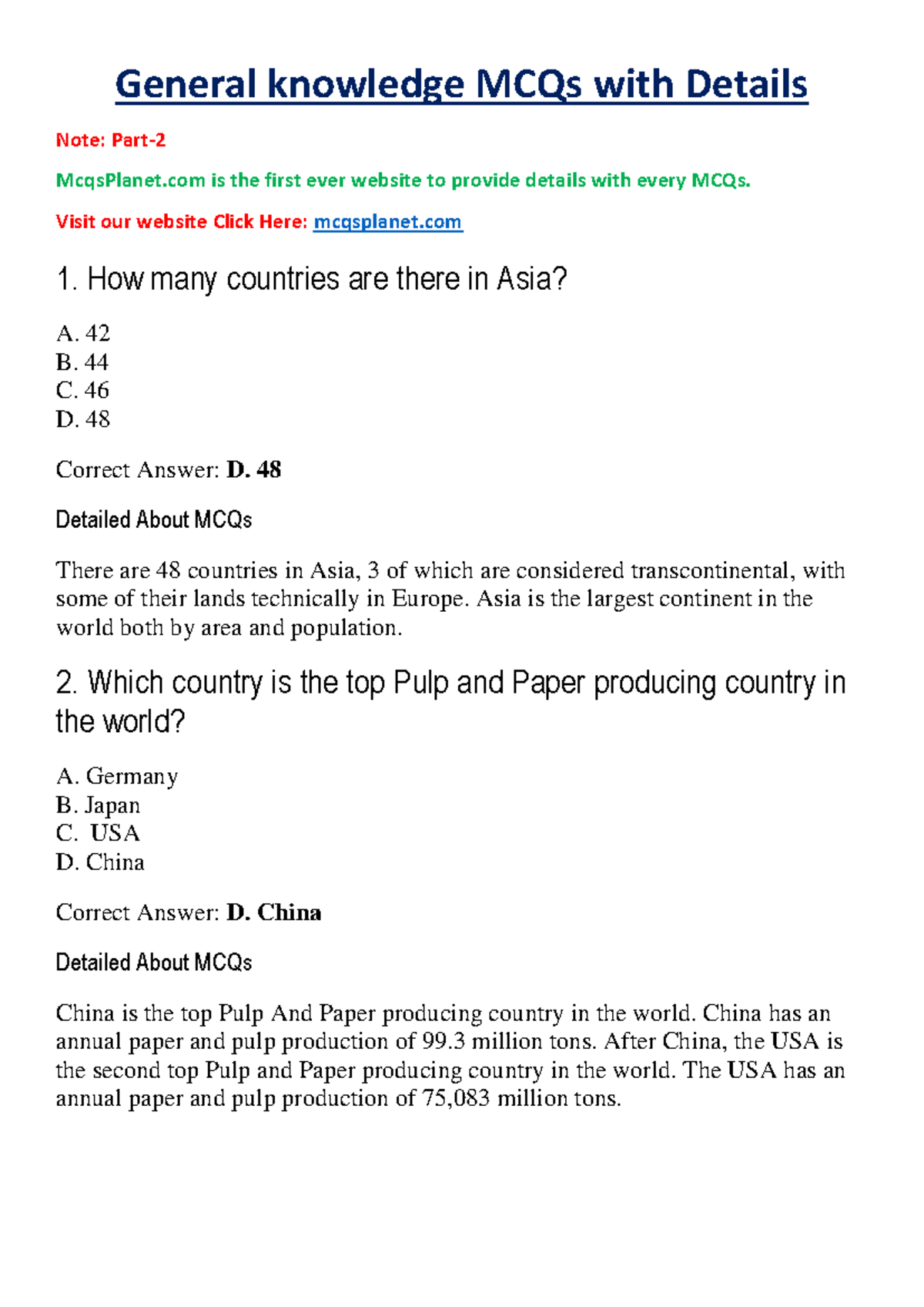 General Knowledge MCQs with Detailed Explanations - Part 2 - Studocu