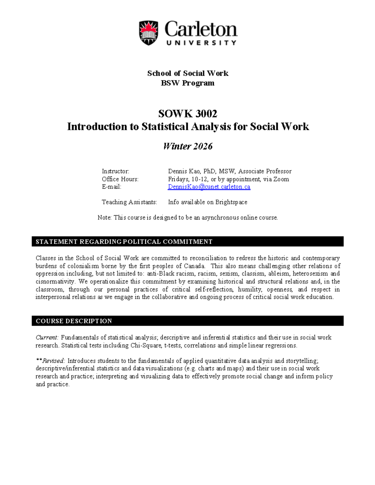 SOWK 3002 Course Outline: Intro to Statistical Analysis for Social Work ...