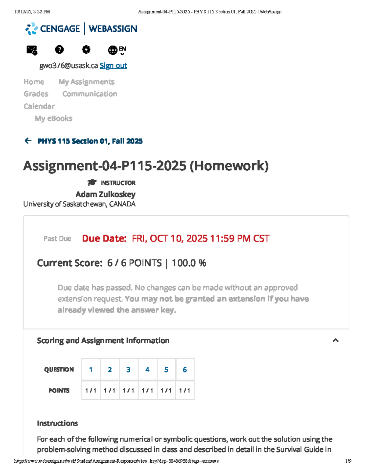 Assignment 04 - PHYS 115 Section 01, Fall 2025 WebAssign Solutions ...