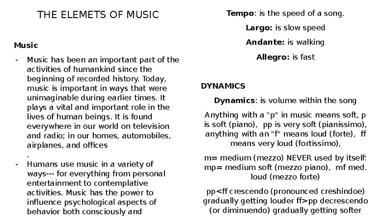 Contemporary Music Elements: Tempo, Dynamics, Melody & Harmony - Studocu