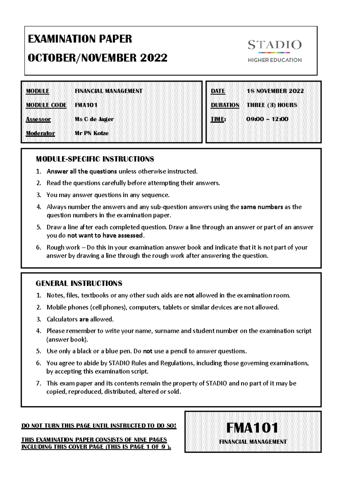 FMA101 FINANCIAL MANAGEMENT EXAMINATION PAPER - NOV 2022 - Studocu