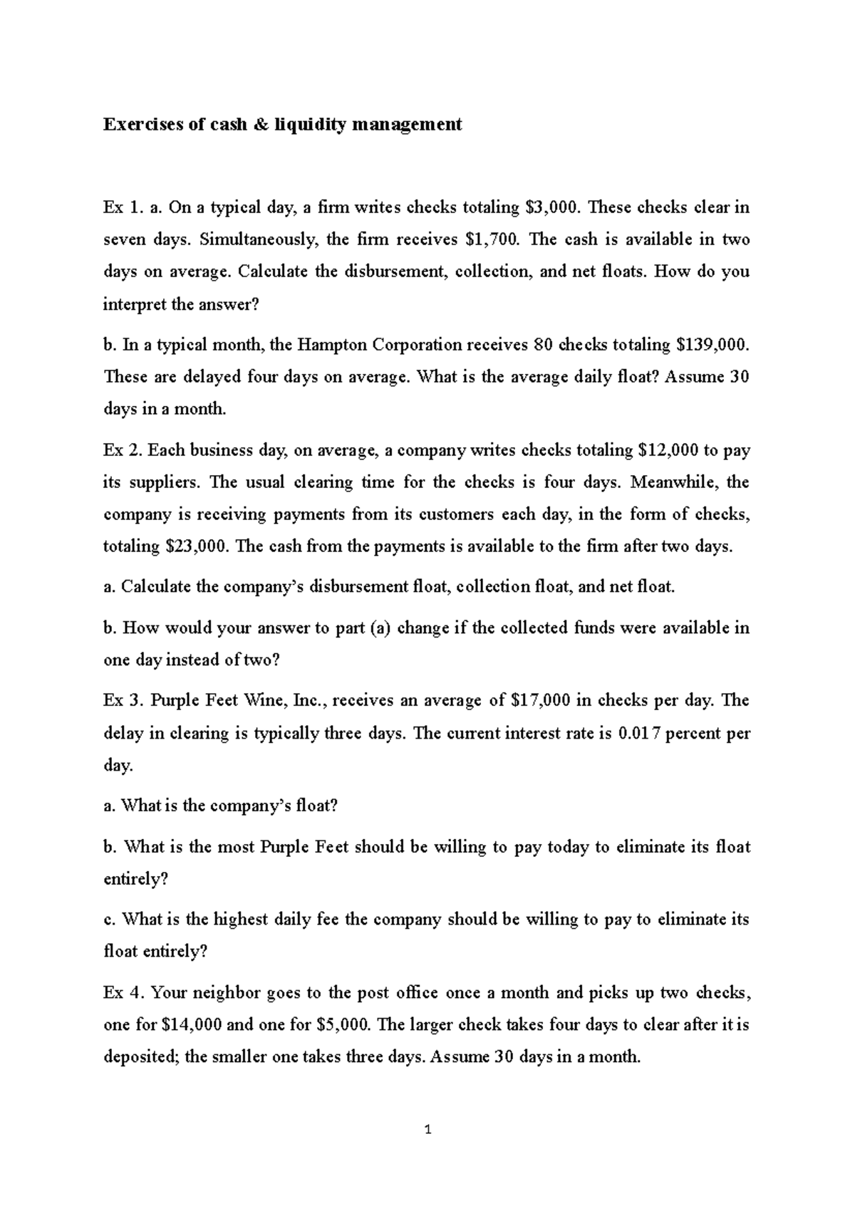 Exercises on Cash Liquidity Management (FIN 202) - Studocu