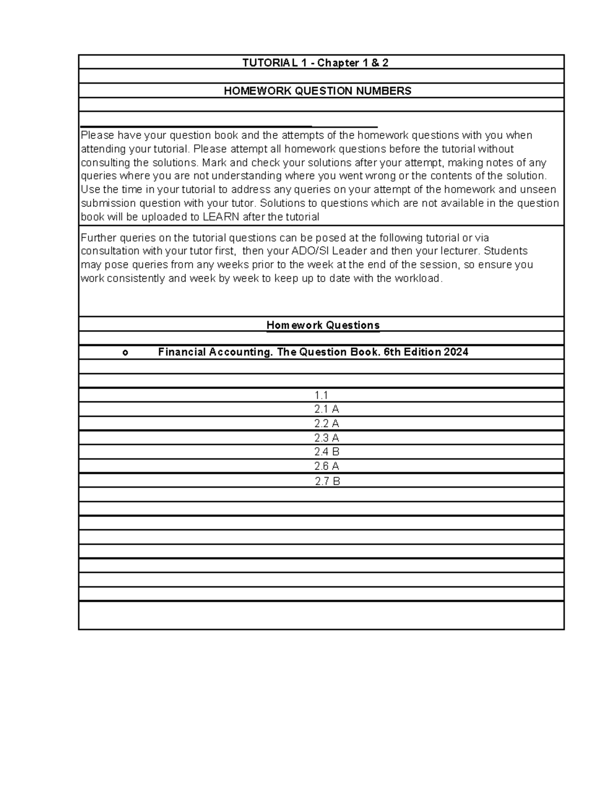 Tut 1 - Chapter 1 and 2 - Homework question numbers - Copy - HOMEWORK ...