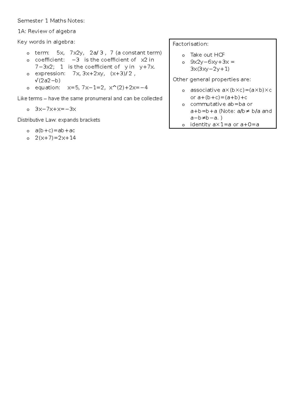 Sem1 Notes - Semester 1 Maths Notes: 1A: Review of algebra Key words in ...