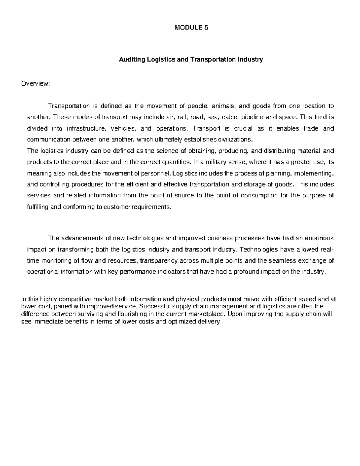 Module 5: Auditing the Logistics & Transportation Industry Overview - Document Preview
