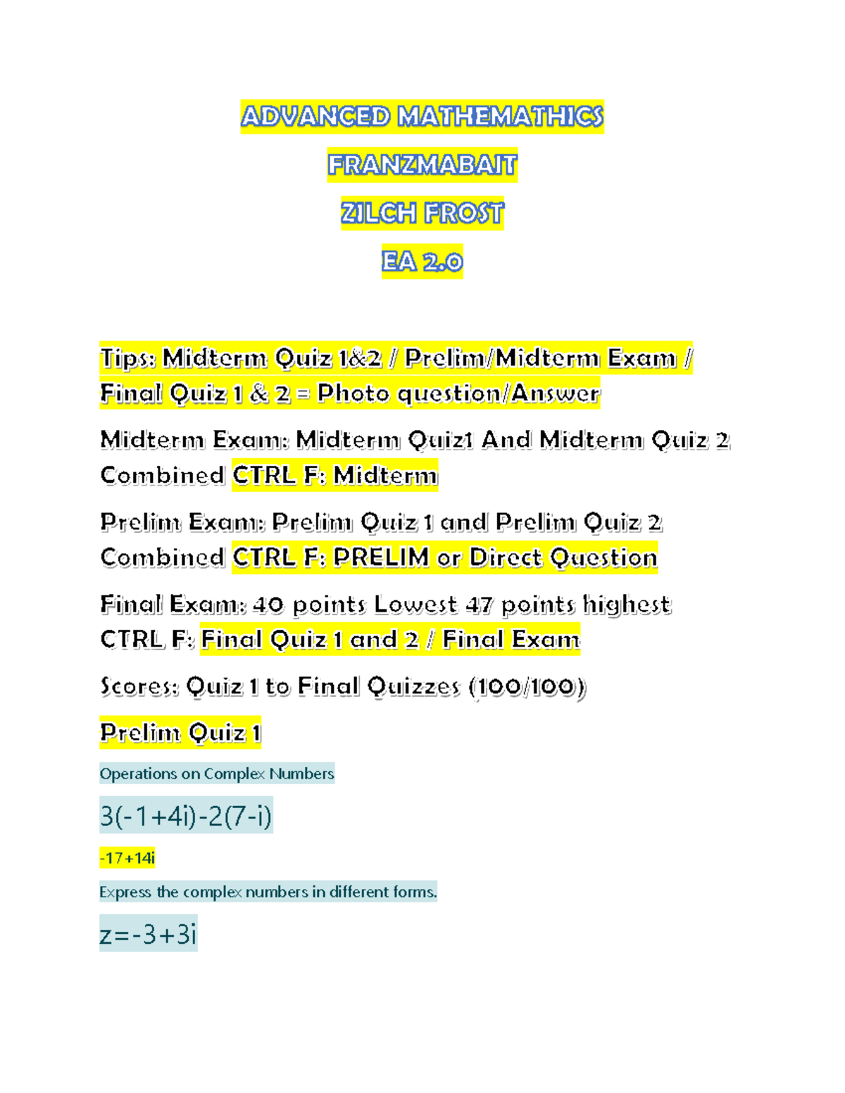 Advanced Mathematics Complete QUIZ 1 to Final Exams: Complex Numbers ...