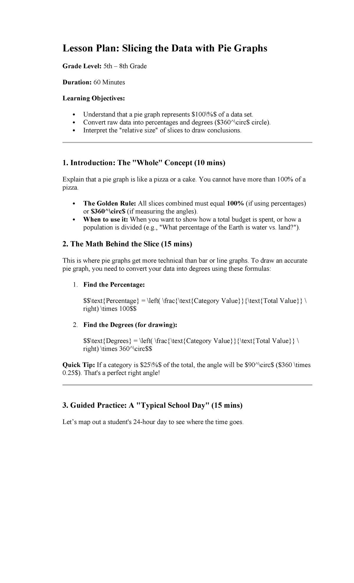 Lesson Plan: Pie Graphs for 5th-8th Grade Students - Studocu