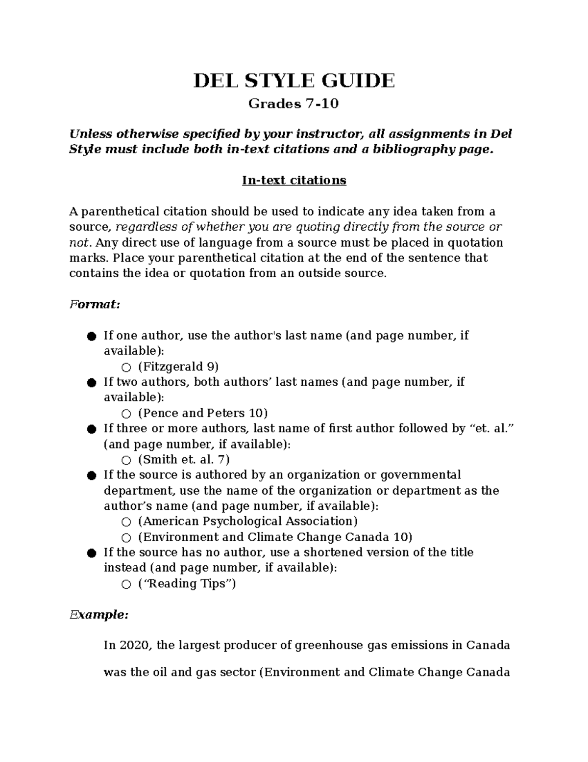 DEL Style Guide for Grades 7: In-Text Citations & Bibliography - Studocu