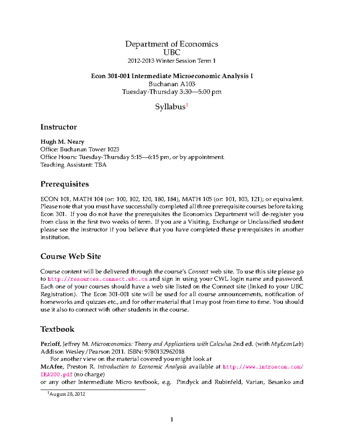 Econ 301 - Intermediate Microeconomic Analysis I Syllabus Winter Term 1 ...