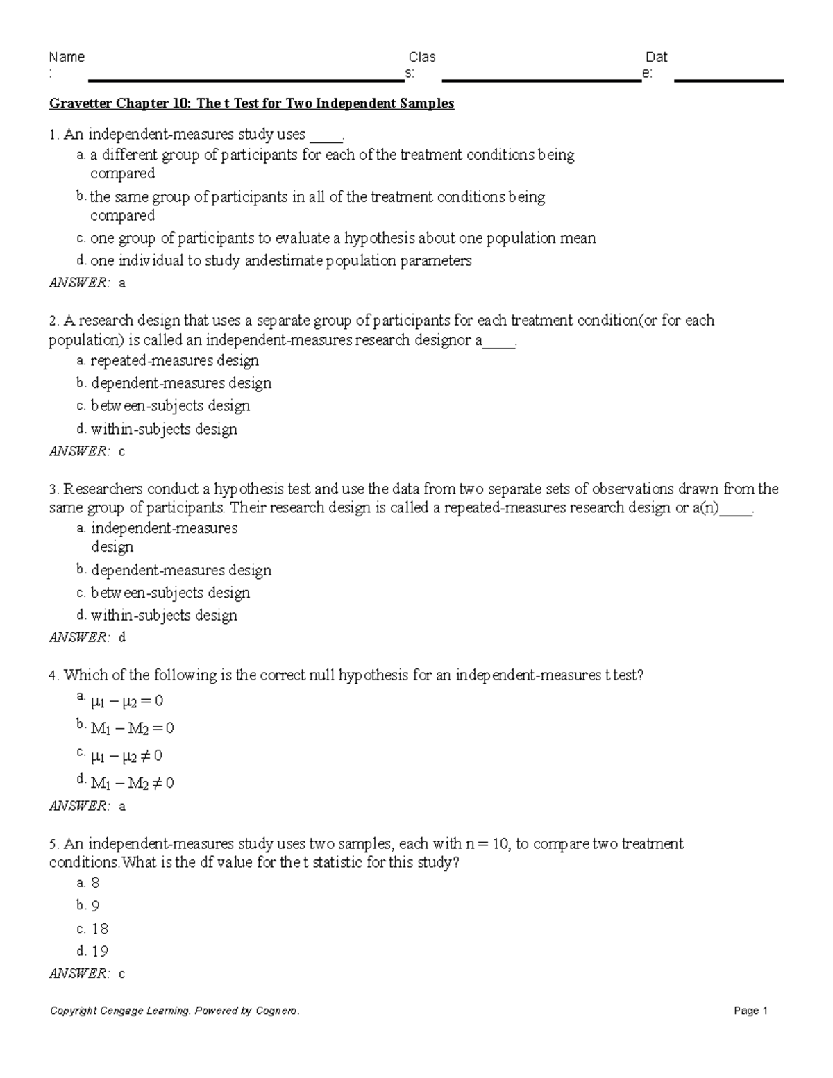 Chapter Quiz 10 Statistics for the behavioral sciences tenth Ed - : s ...