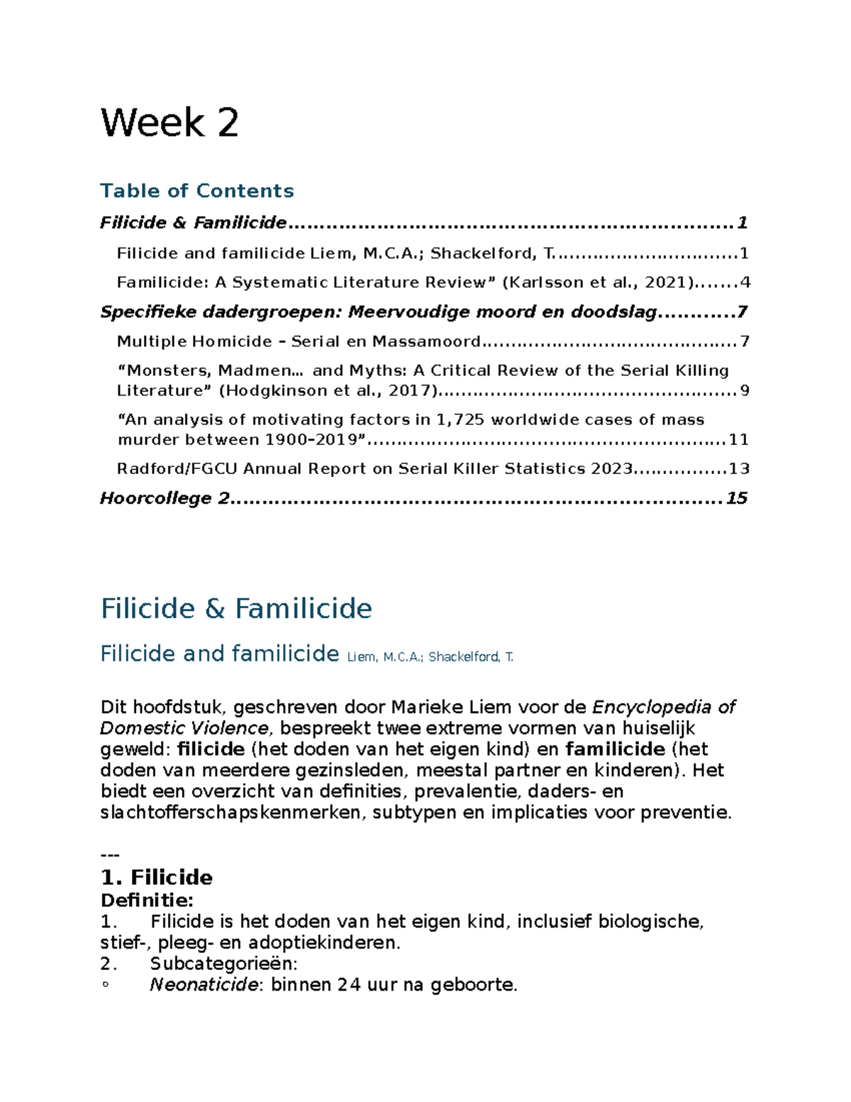 Week 2 Samenvatting: Filicide en Familicide in Hoorcollege 2 - Studeersnel