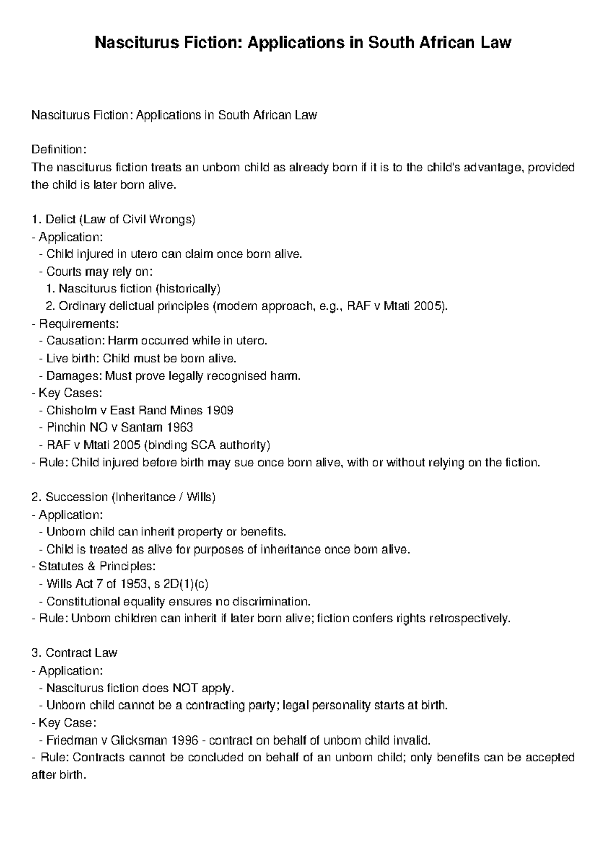 Nasciturus Fiction in South African Law: Key Applications and Cases ...