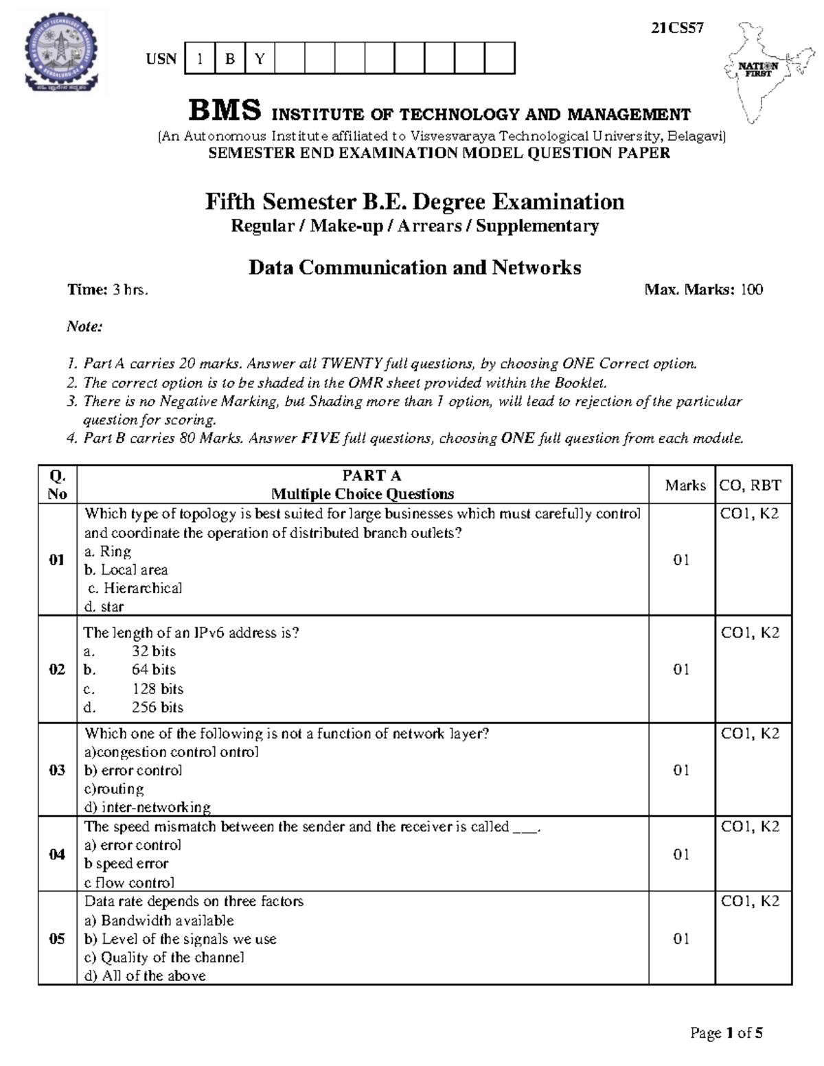 21CS57 Data Communication & Networks Model Question Paper - Studocu