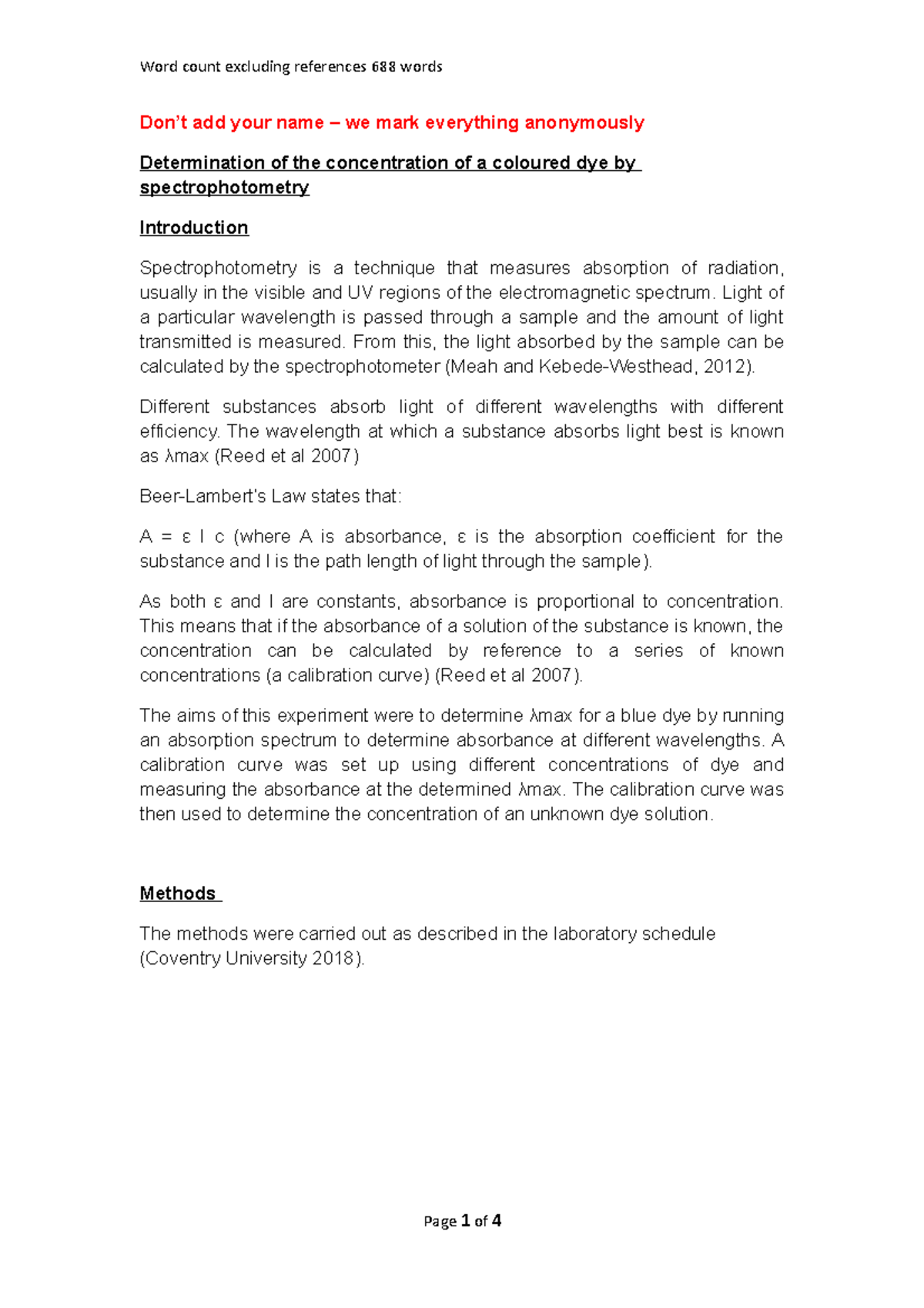 Example lab report spectrophotometry lab - BS220-5-AU-CO - Essex - Studocu