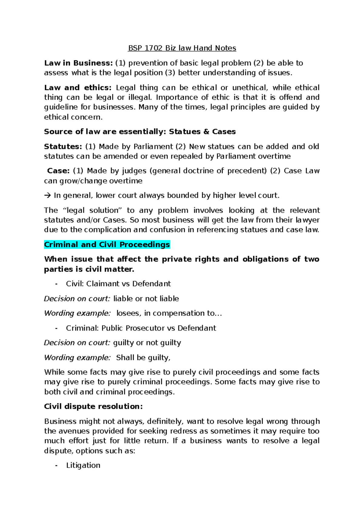 BSP 1702 Business Law: Comprehensive Hand Notes on Legal Principles ...