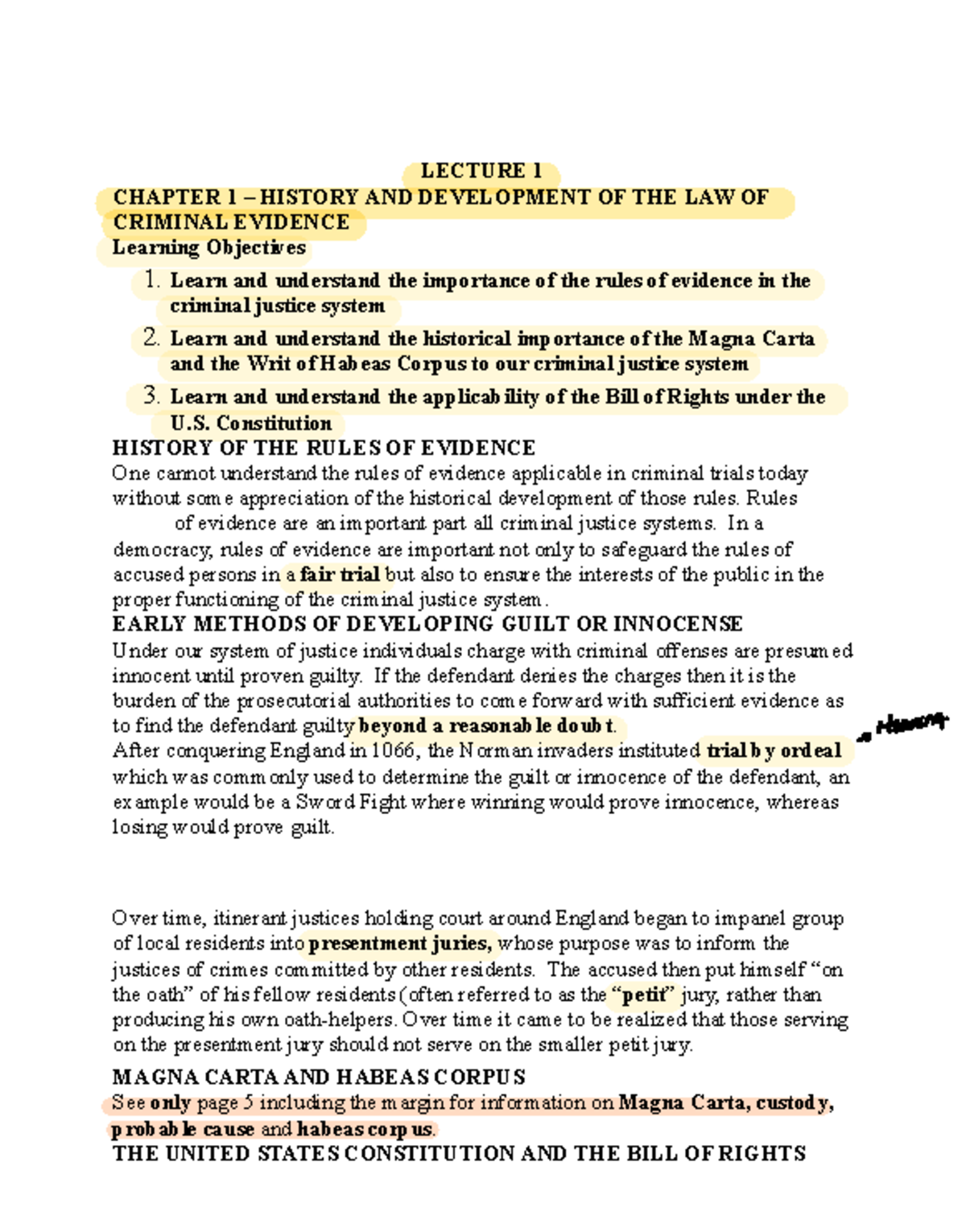 Criminal Evidence Lectures LECTURE 1 CHAPTER 1 HISTORY AND DEVELOPMENT OF THE LAW OF