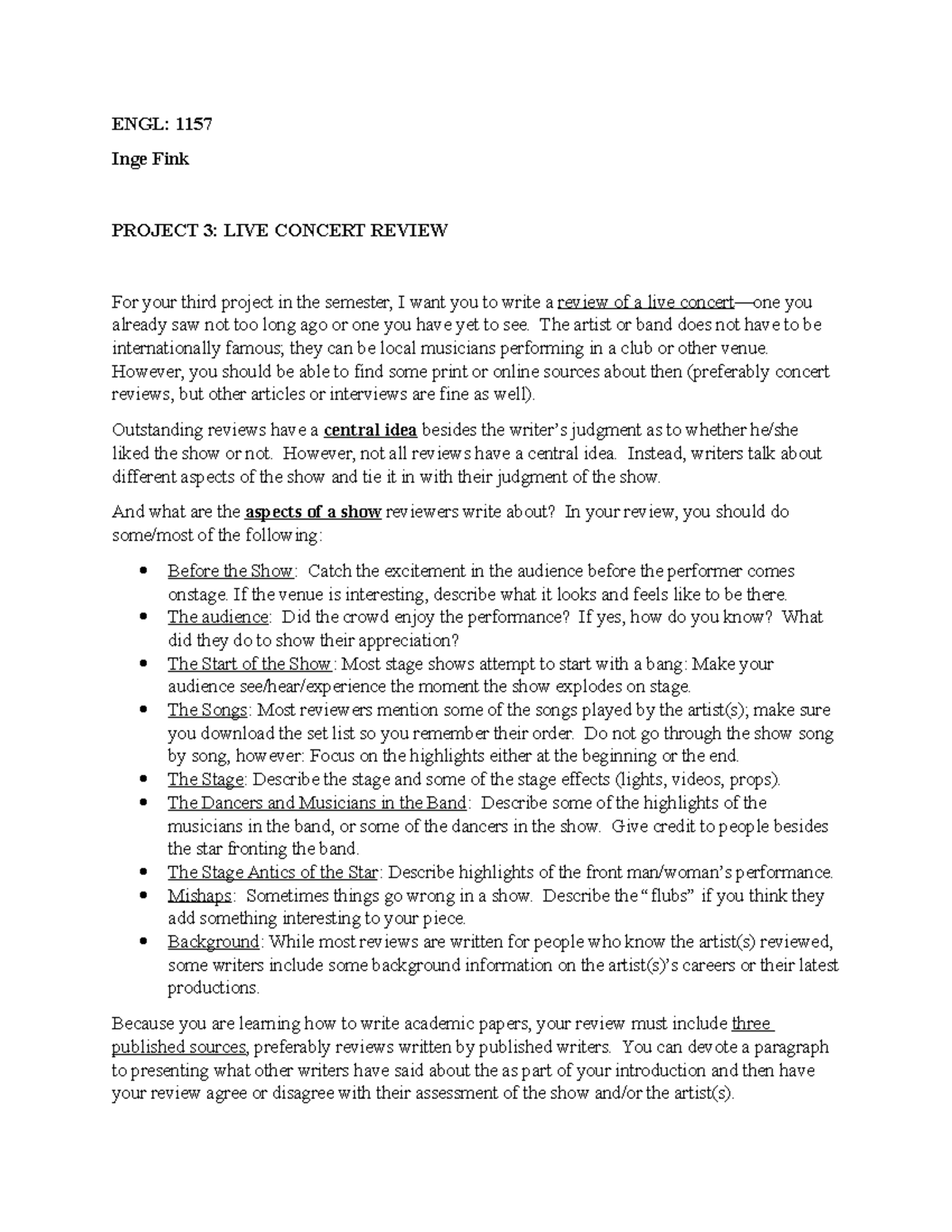 Live Concert Review Assignment - ENGL: 1157 Inge Fink PROJECT 3: LIVE ...
