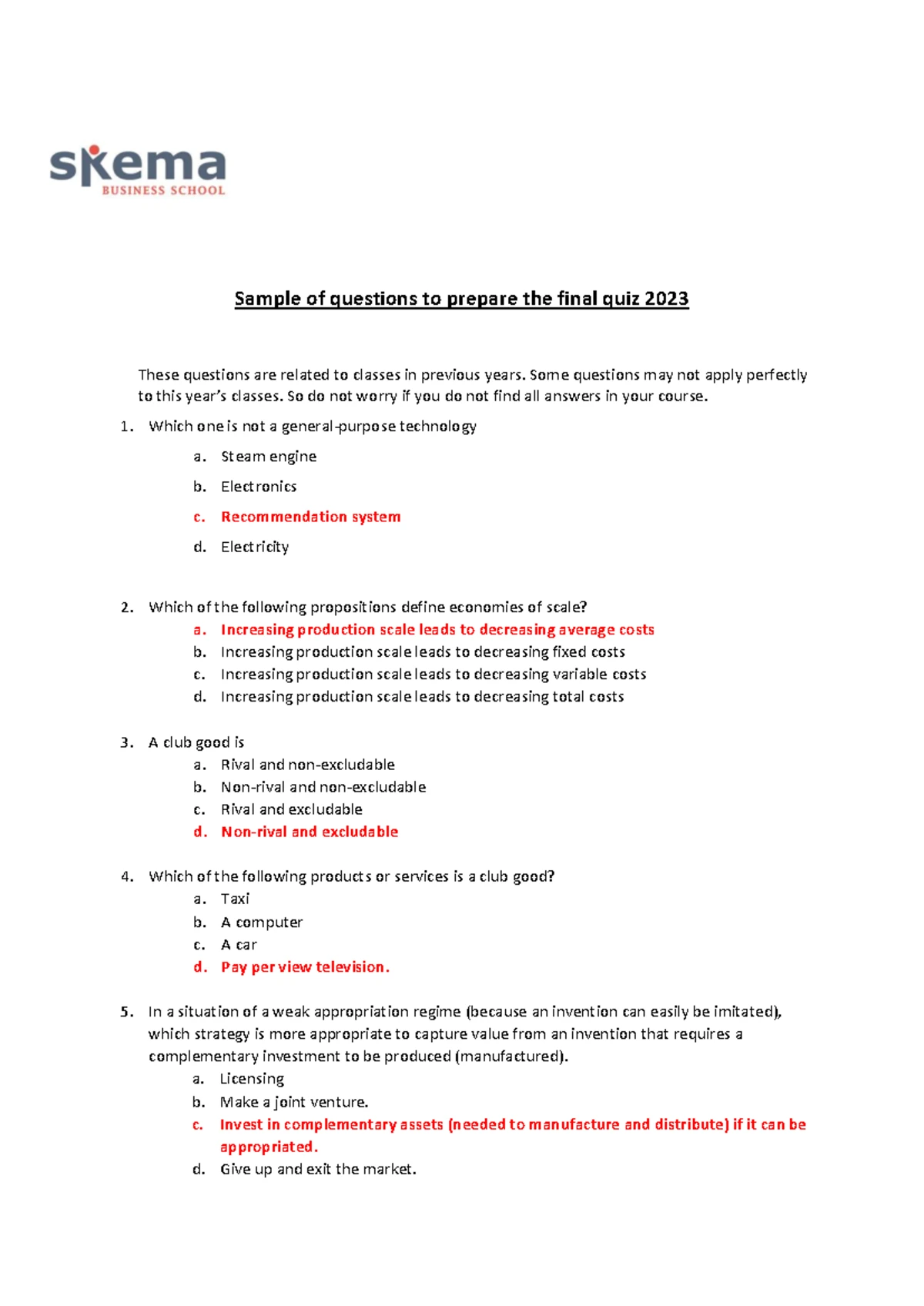 Quiz Preparation: Sample Questions for Final Exam 2023 - Studocu
