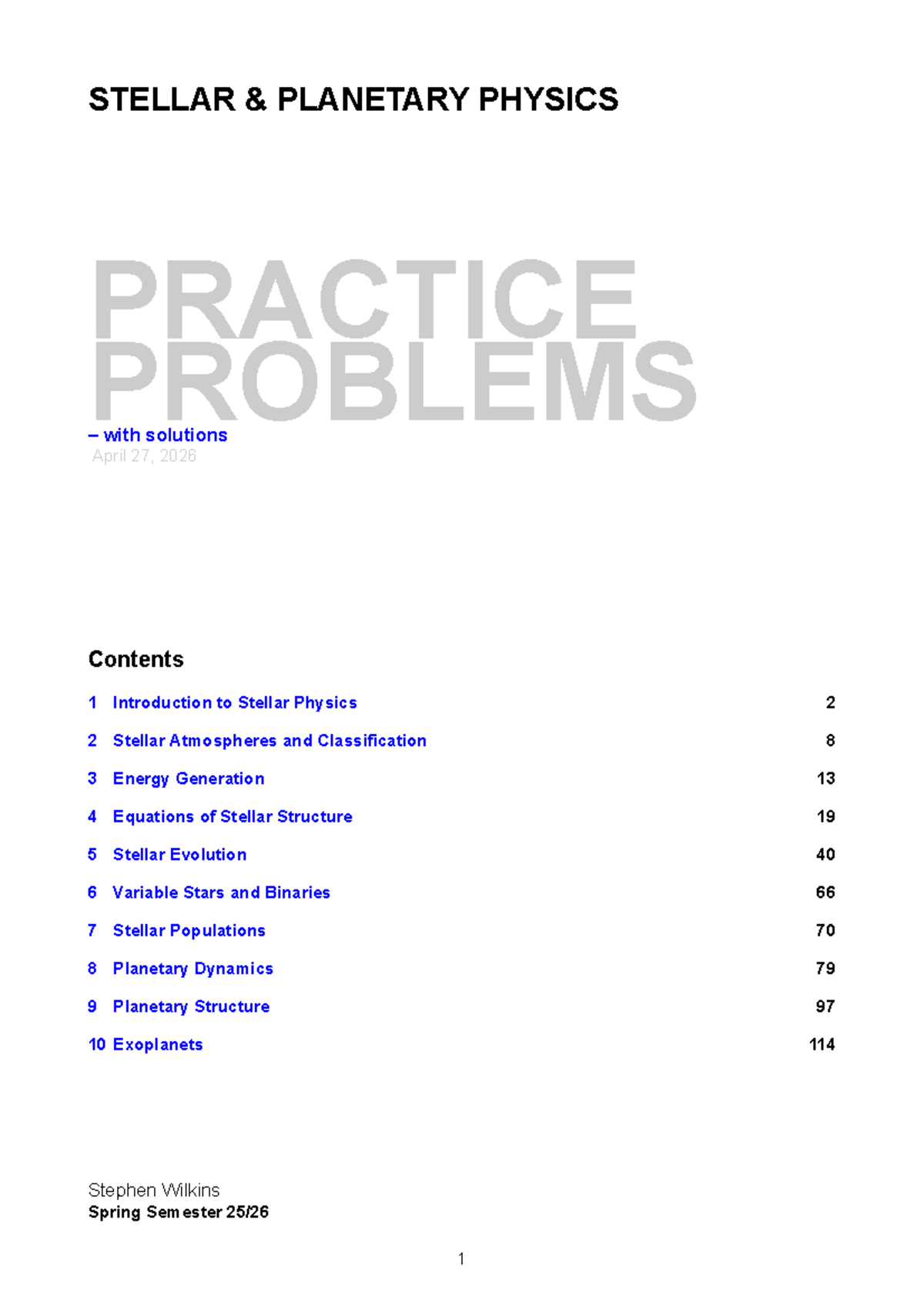 SPP 2026: Stellar Planetary Physics Practice Problems & Solutions - Studocu