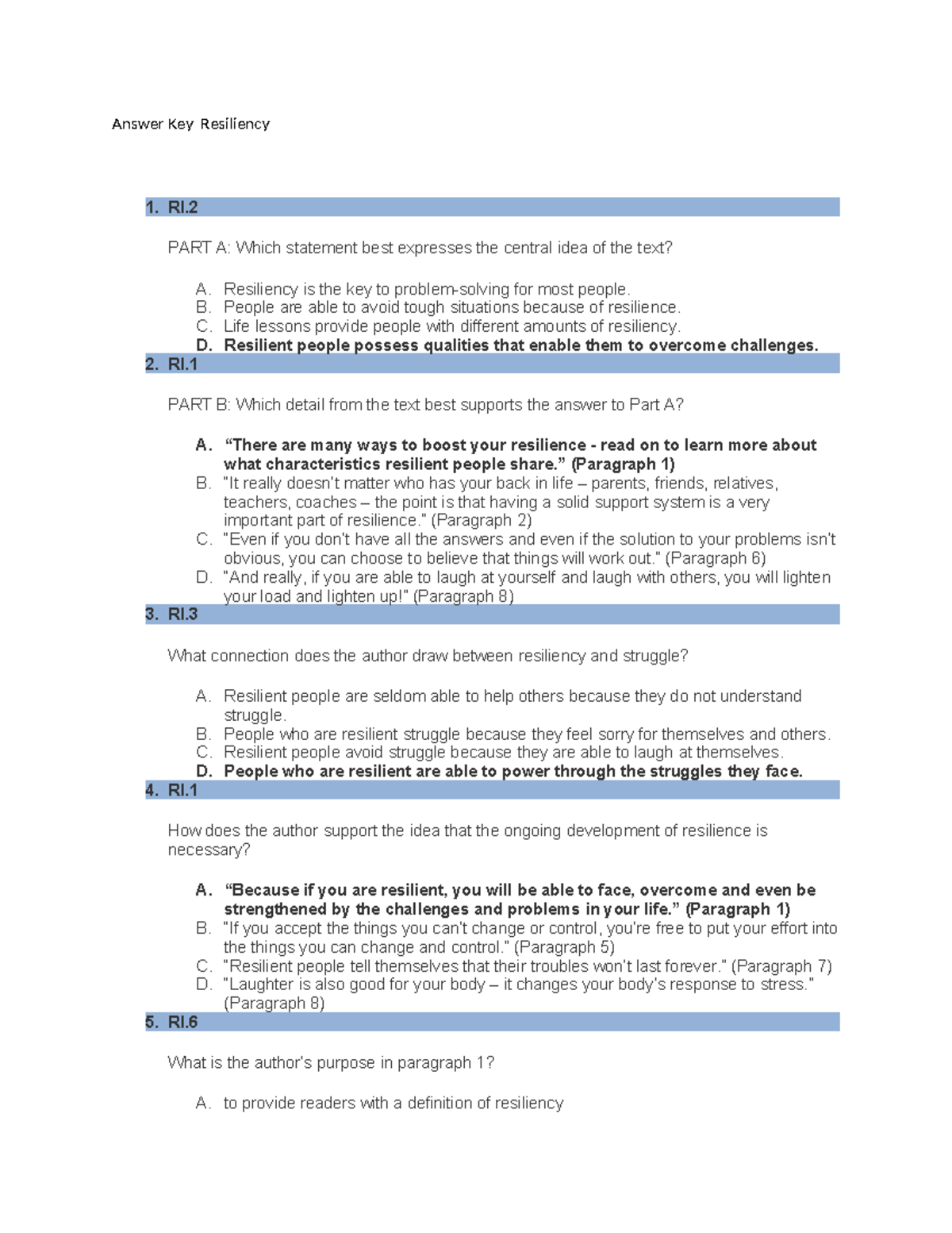Answer Key: Resiliency (Final Exam) - Awnsers - Studocu